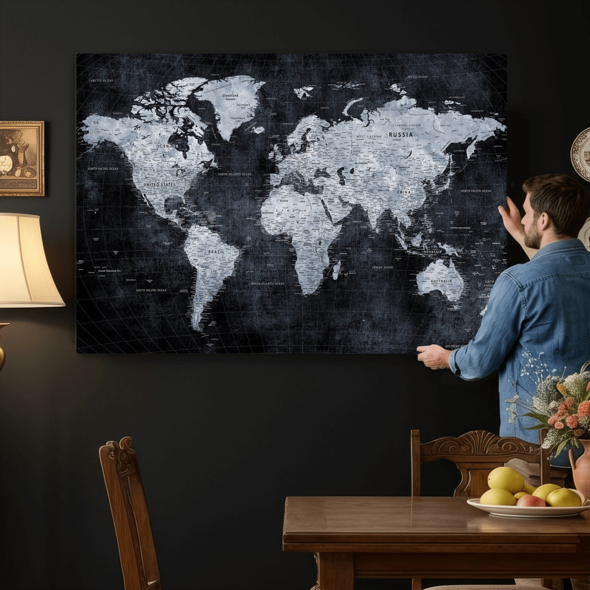 86893704-MGV-CV-36X24 - Black World Map Canvas Print | Detailed Map for Couples and Anniversary Gift