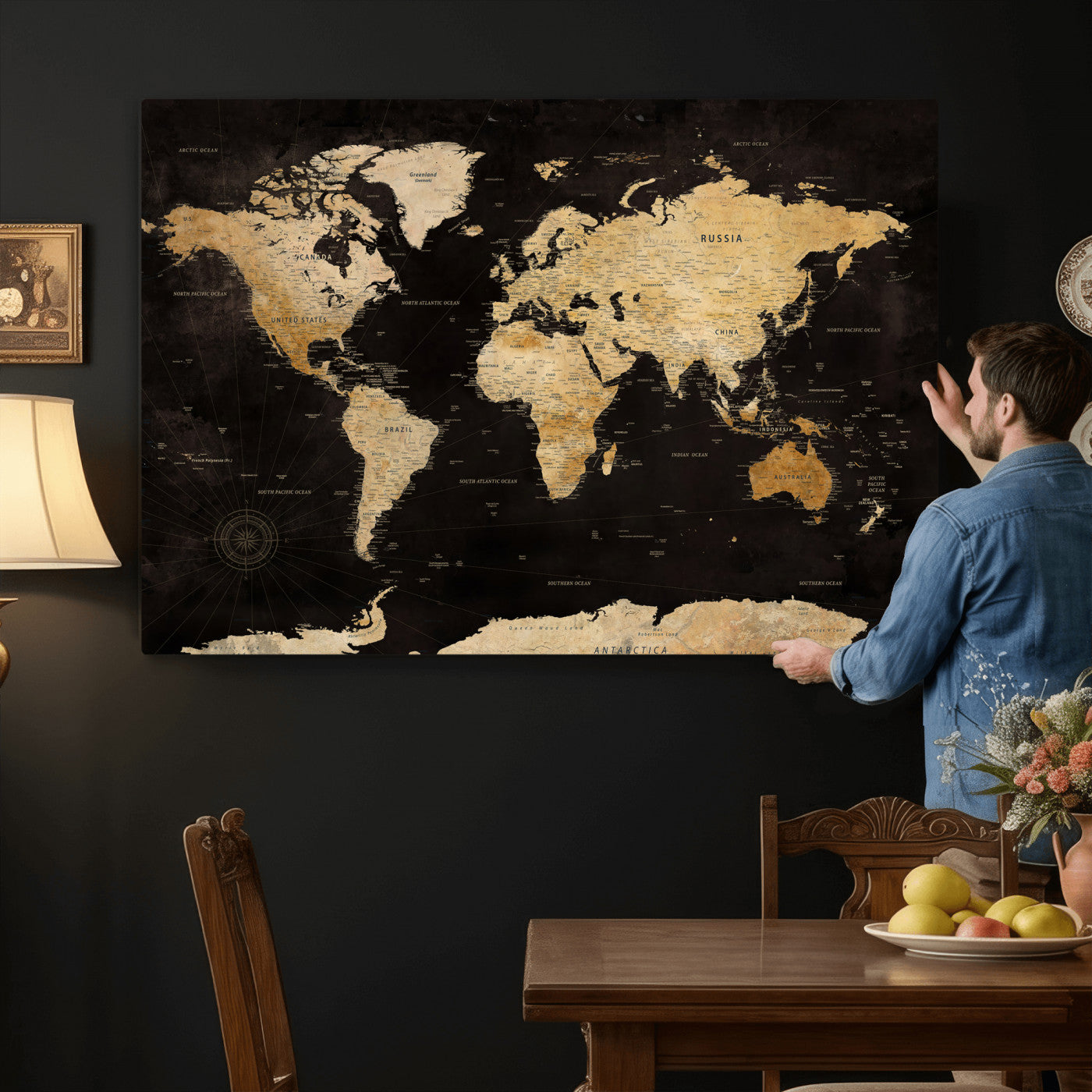 70468159-MGV-CV-36X24 - World Map Wall Art Canvas Print, Modern Decorative Framed Map Artwork Prints for Living Room, Office, Bedroom Wall Decor