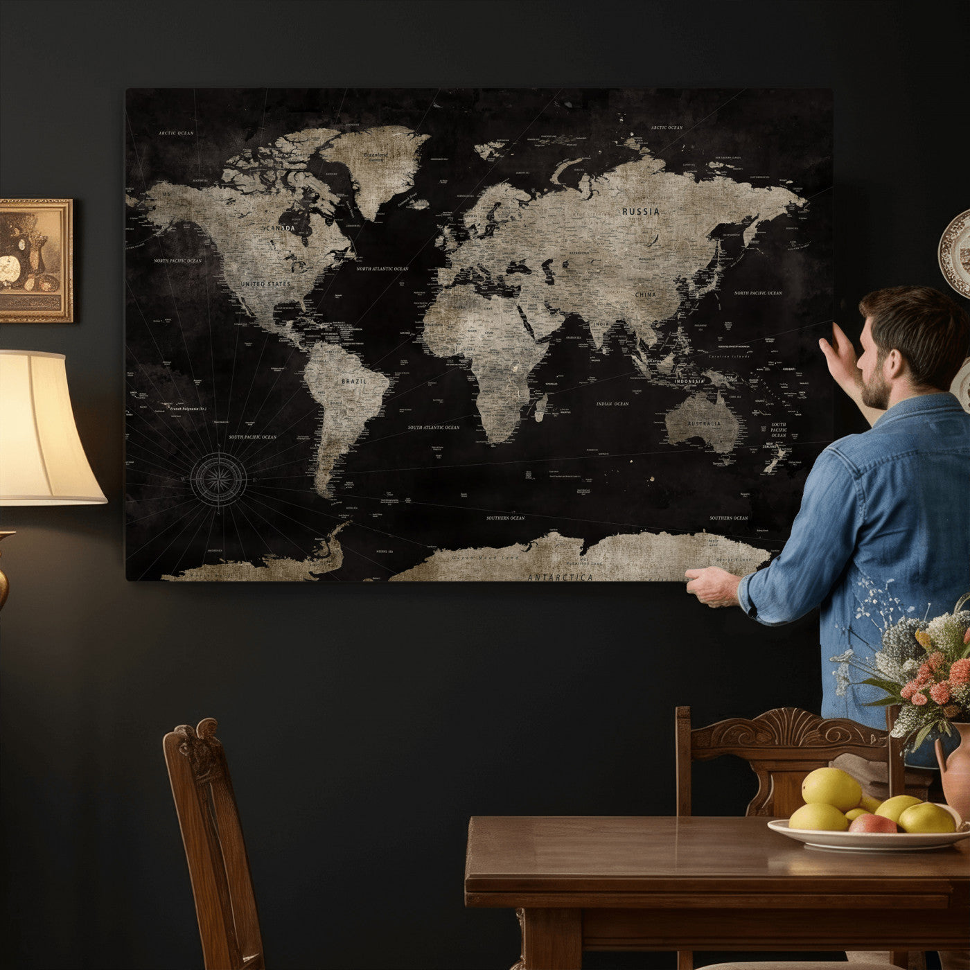 56225956-MGV-CV-36X24 - World Map Wall Art Canvas Print, Modern Decorative Framed Map Artwork Prints for Living Room, Office, Bedroom Wall Decor
