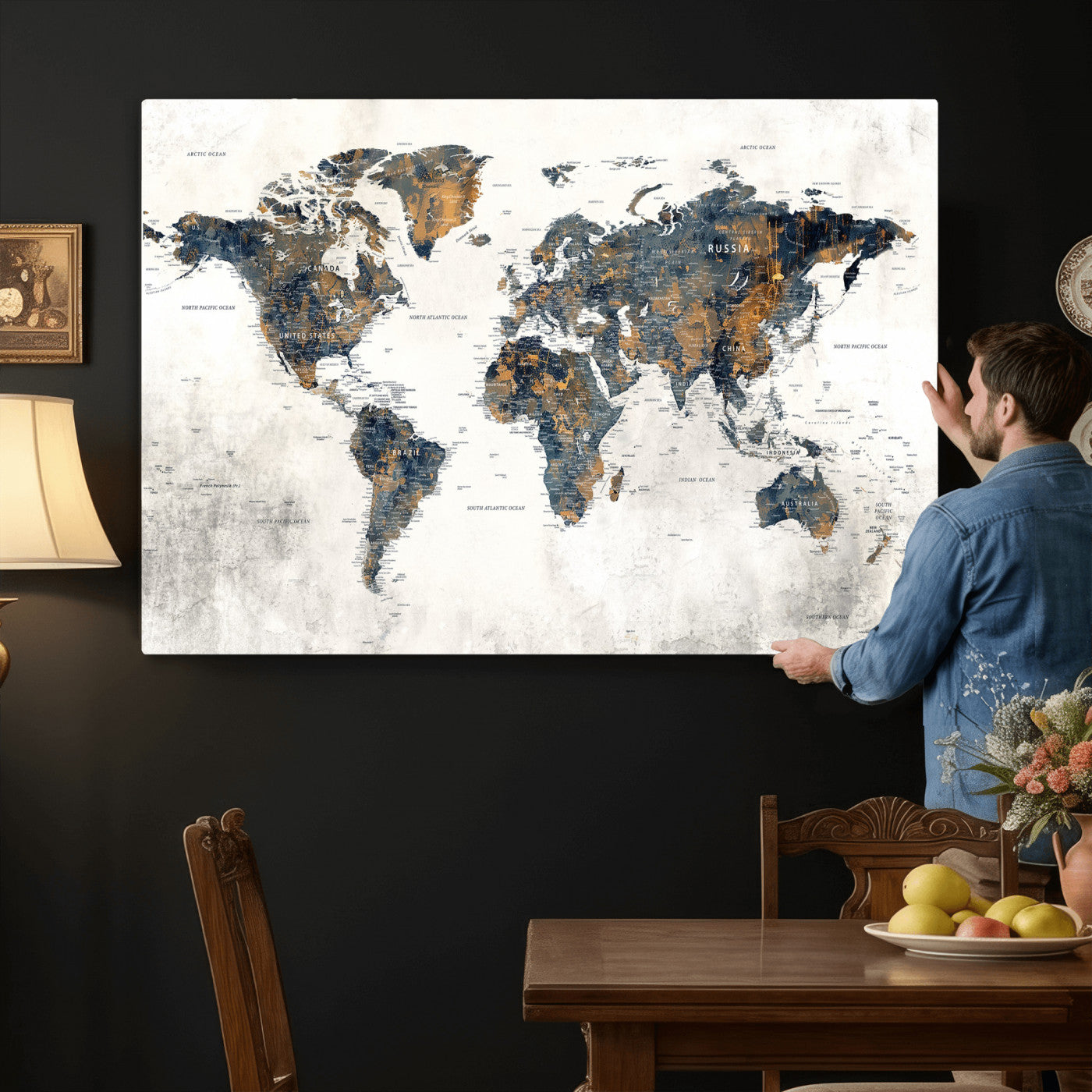 52451147-MGV-CV-36X24 - World Map Wall Art Canvas Print, Modern Decorative Framed Map Artwork Prints for Living Room, Office, Bedroom Wall Decor