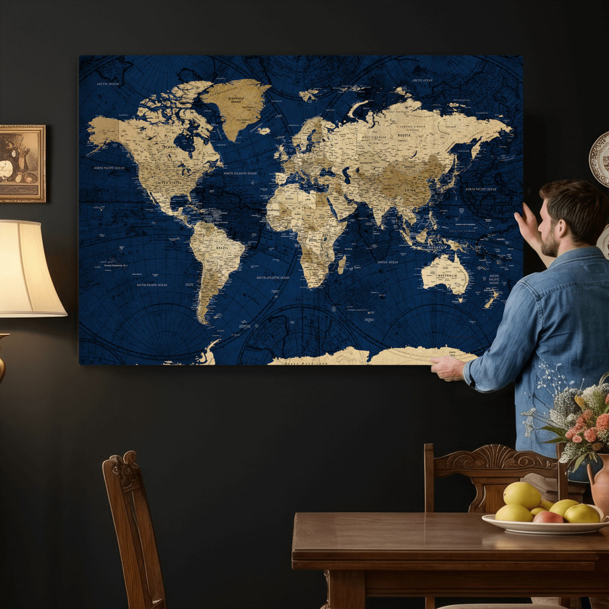54770746-MGV-CV-36X24 - Navy Blue World Map Canvas Print – Detailed Map Minimal Navy