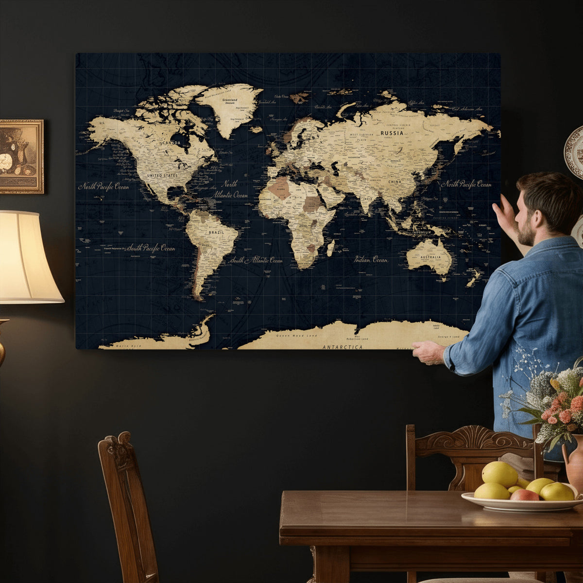 45063434-MGV-CV-36X24 - Dark World Map Canvas Wall Art Print, Minimal Black and Gold Map