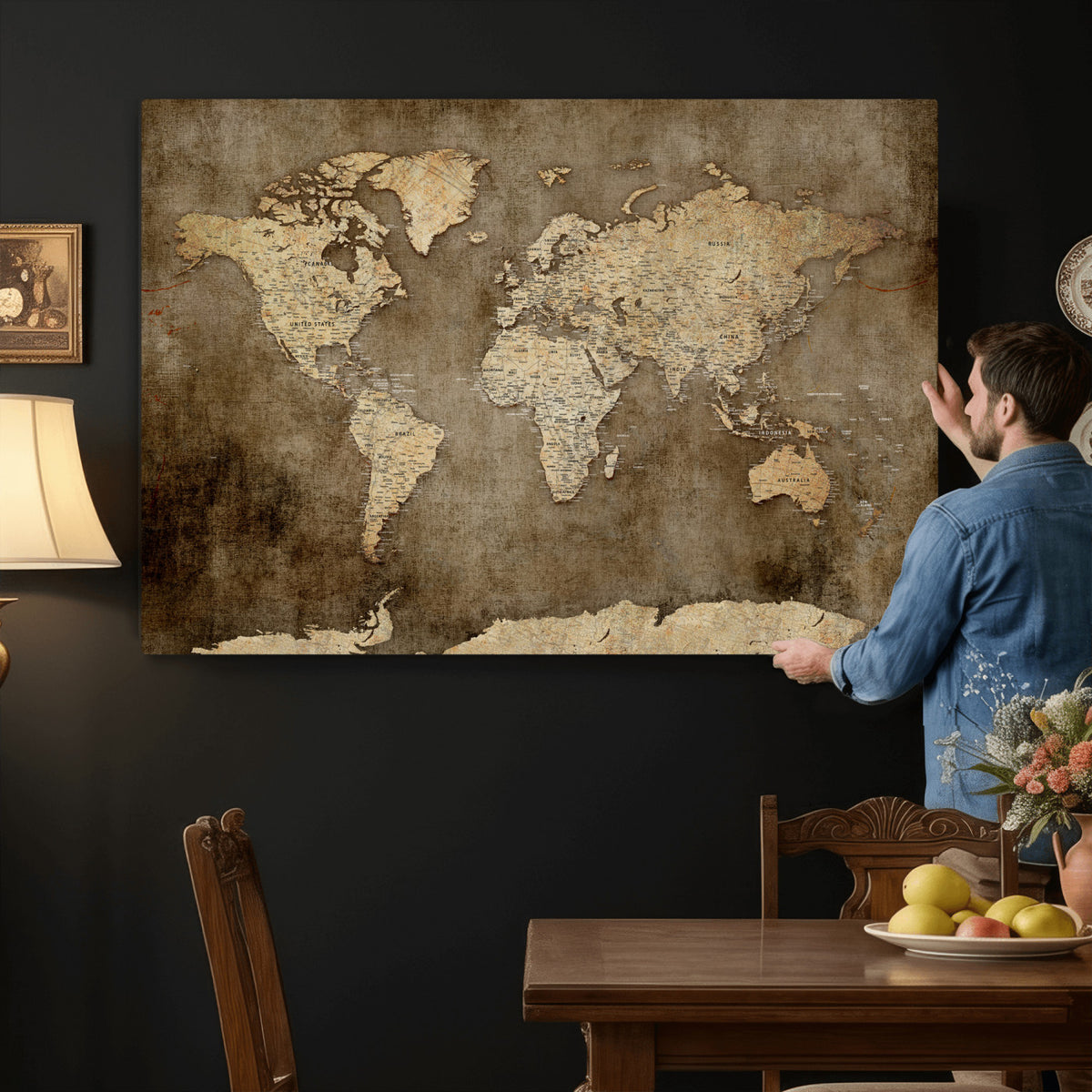35847542-MGV-CV-36X24 - Dark Vintage World Map Canvas Wall Art Print, Antique Map