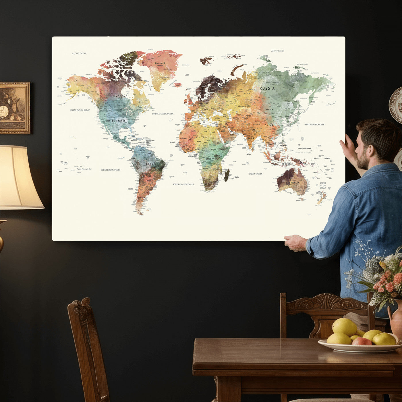 64206059-MGV-CV-36X24 - World Map Wall Art Canvas Print, Modern Decorative Framed Map Artwork Prints for Living Room, Office, Bedroom Wall Decor
