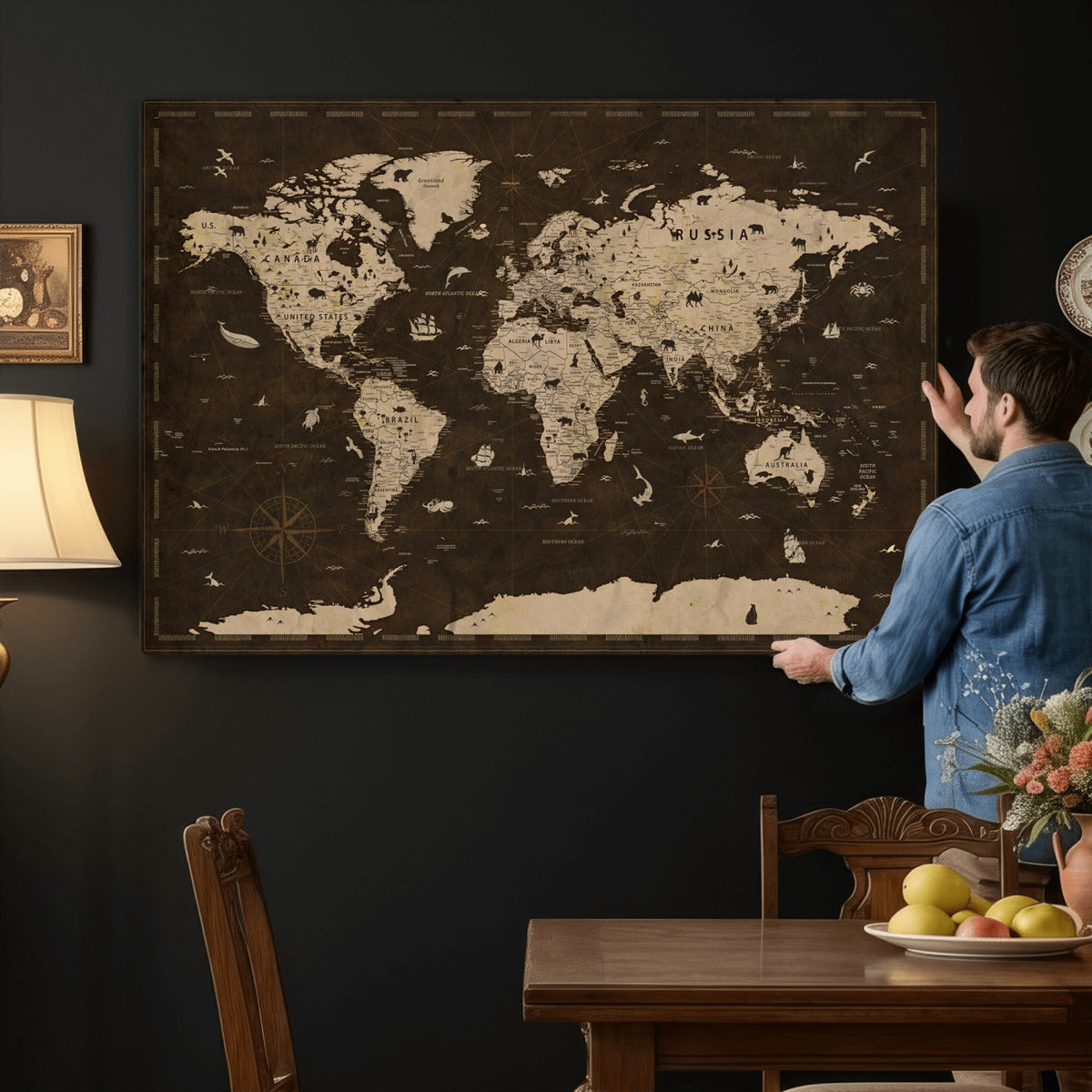 44276398-MGV-CV-36X24 - World Map Wall Art Canvas Print, Modern Decorative Framed Map Artwork Prints for Living Room, Office, Bedroom Wall Decor