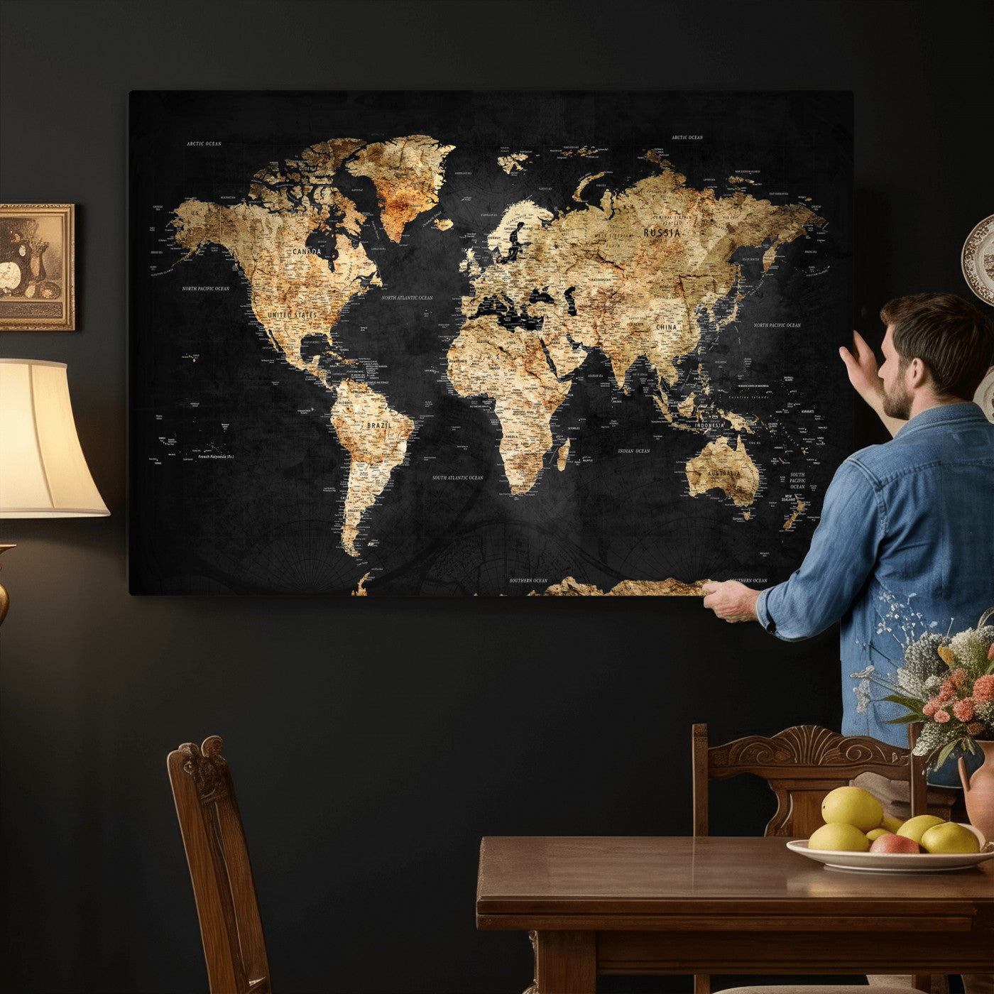 23568589-MGV-CV-36X24 - World Map Wall Art Canvas Print, Modern Decorative Framed Map Artwork Prints for Living Room, Office, Bedroom Wall Decor