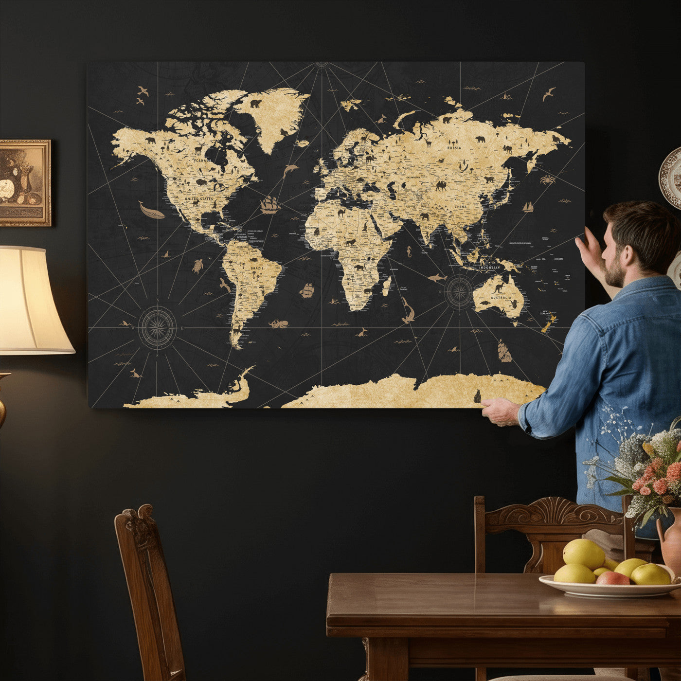 80270976-MGV-CV-36X24 - World Map Wall Art Canvas Print, Modern Decorative Framed Map Artwork Prints for Living Room, Office, Bedroom Wall Decor