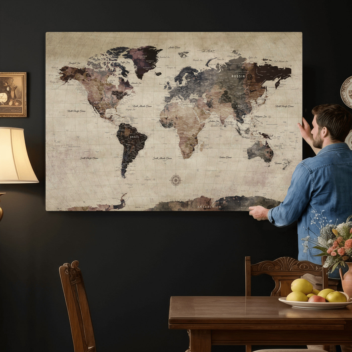 60560672-MGV-CV-36X24 - World Map Wall Art Canvas Print, Modern Decorative Framed Map Artwork Prints for Living Room, Office, Bedroom Wall Decor