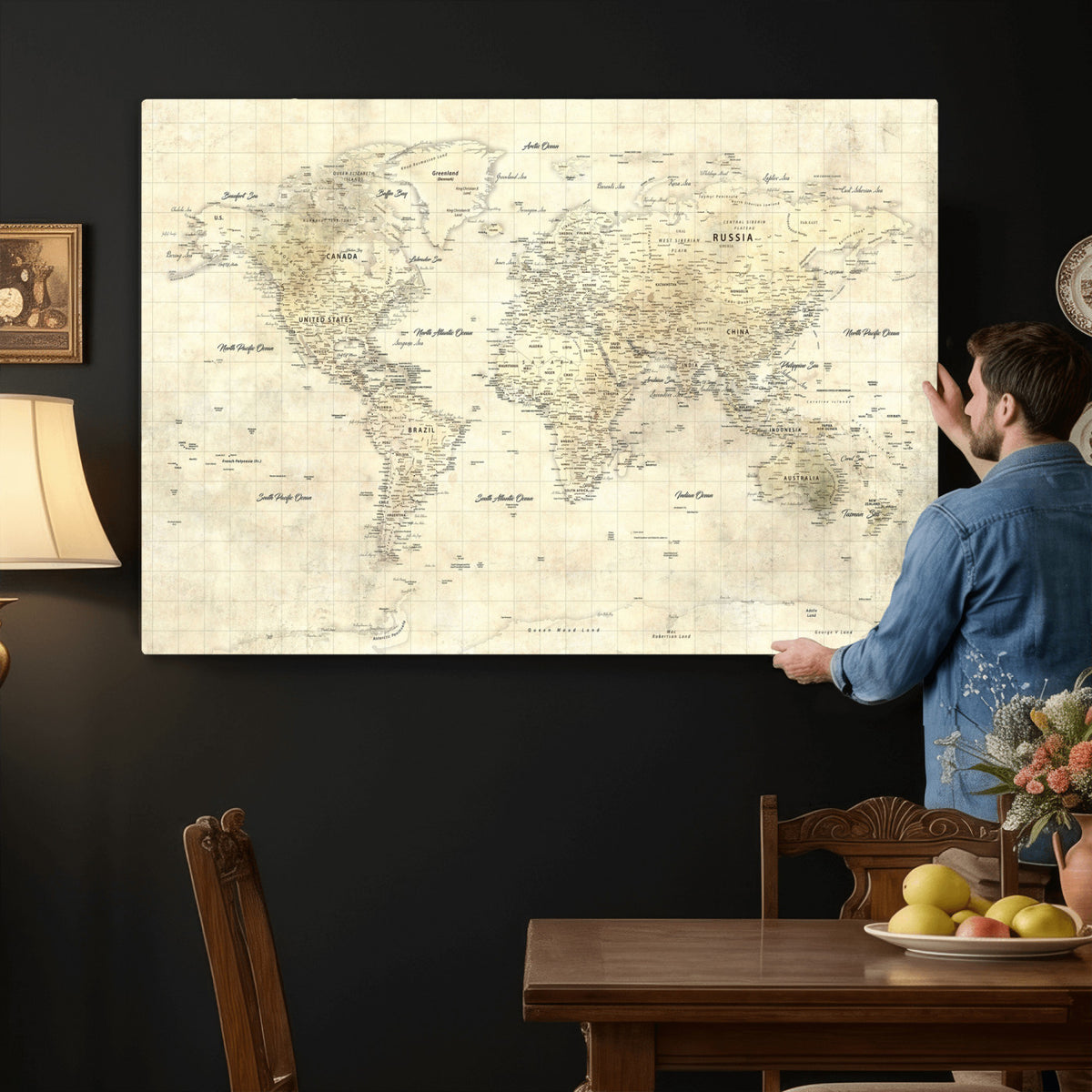 17101439-MGV-CV-36X24 - World Map Wall Art Canvas Print, Modern Decorative Framed Map Artwork Prints for Living Room, Office, Bedroom Wall Decor