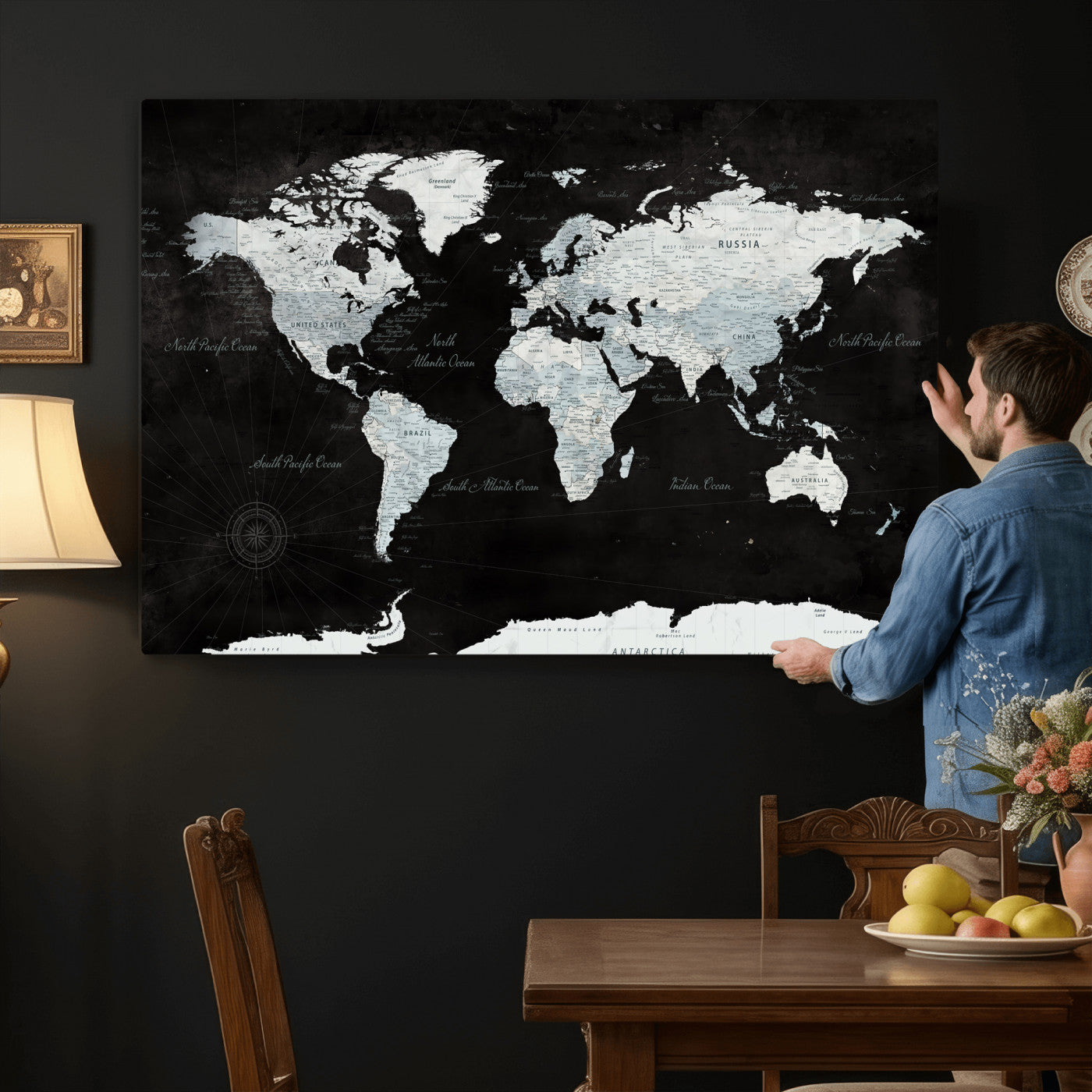 28664806-MGV-CV-36X24 - World Map Wall Art Canvas Print, Modern Decorative Framed Map Artwork Prints for Living Room, Office, Bedroom Wall Decor
