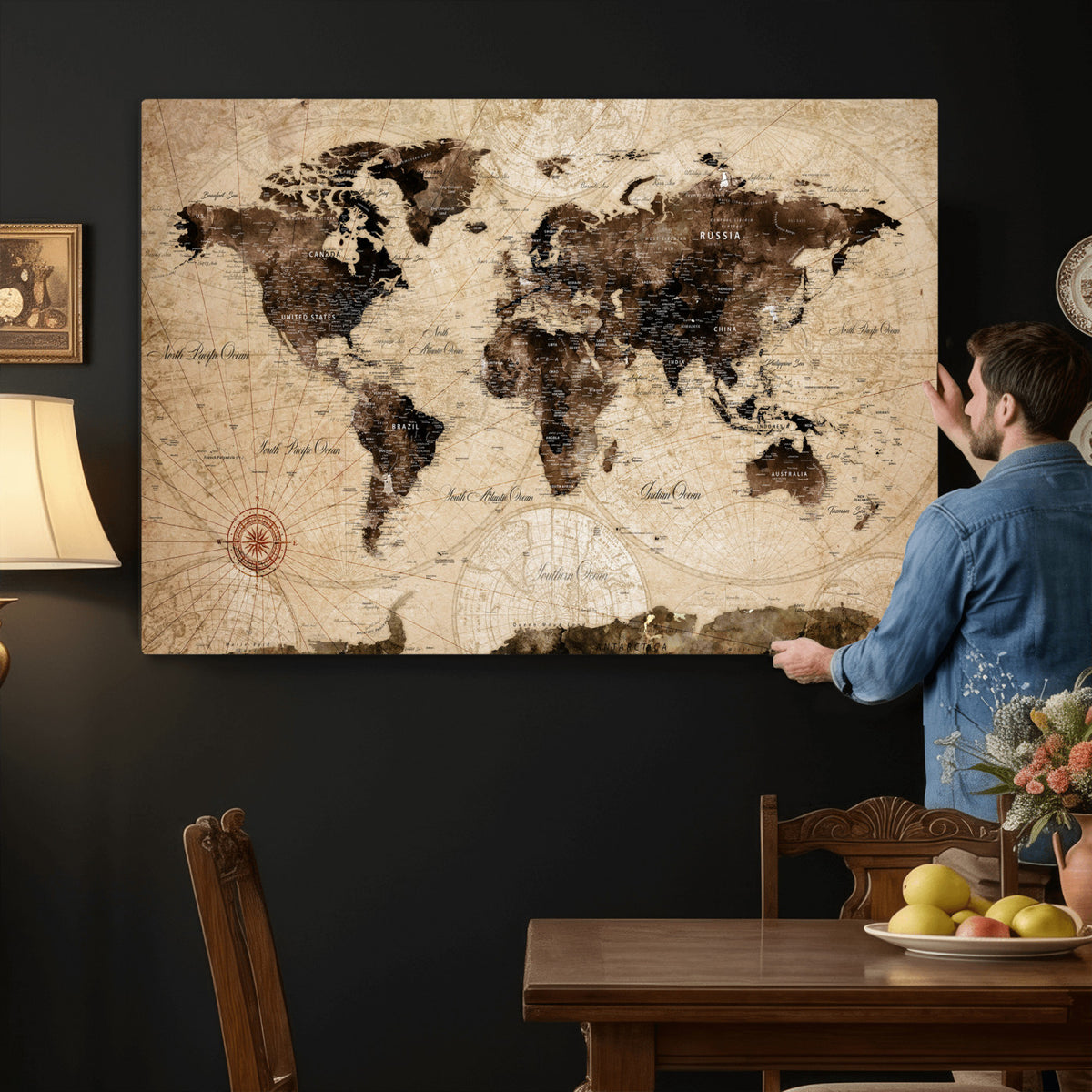 47657418-MGV-CV-36X24 - World Map Wall Art Canvas Print, Modern Decorative Framed Map Artwork Prints for Living Room, Office, Bedroom Wall Decor