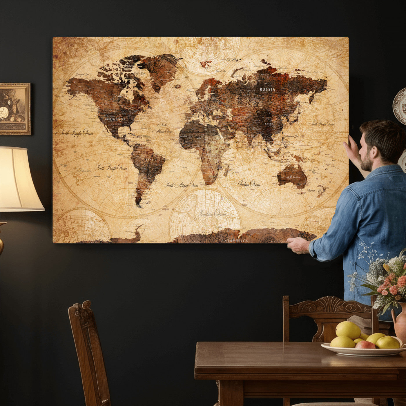 40760475-MGV-CV-36X24 - World Map Wall Art Canvas Print, Modern Decorative Framed Map Artwork Prints for Living Room, Office, Bedroom Wall Decor