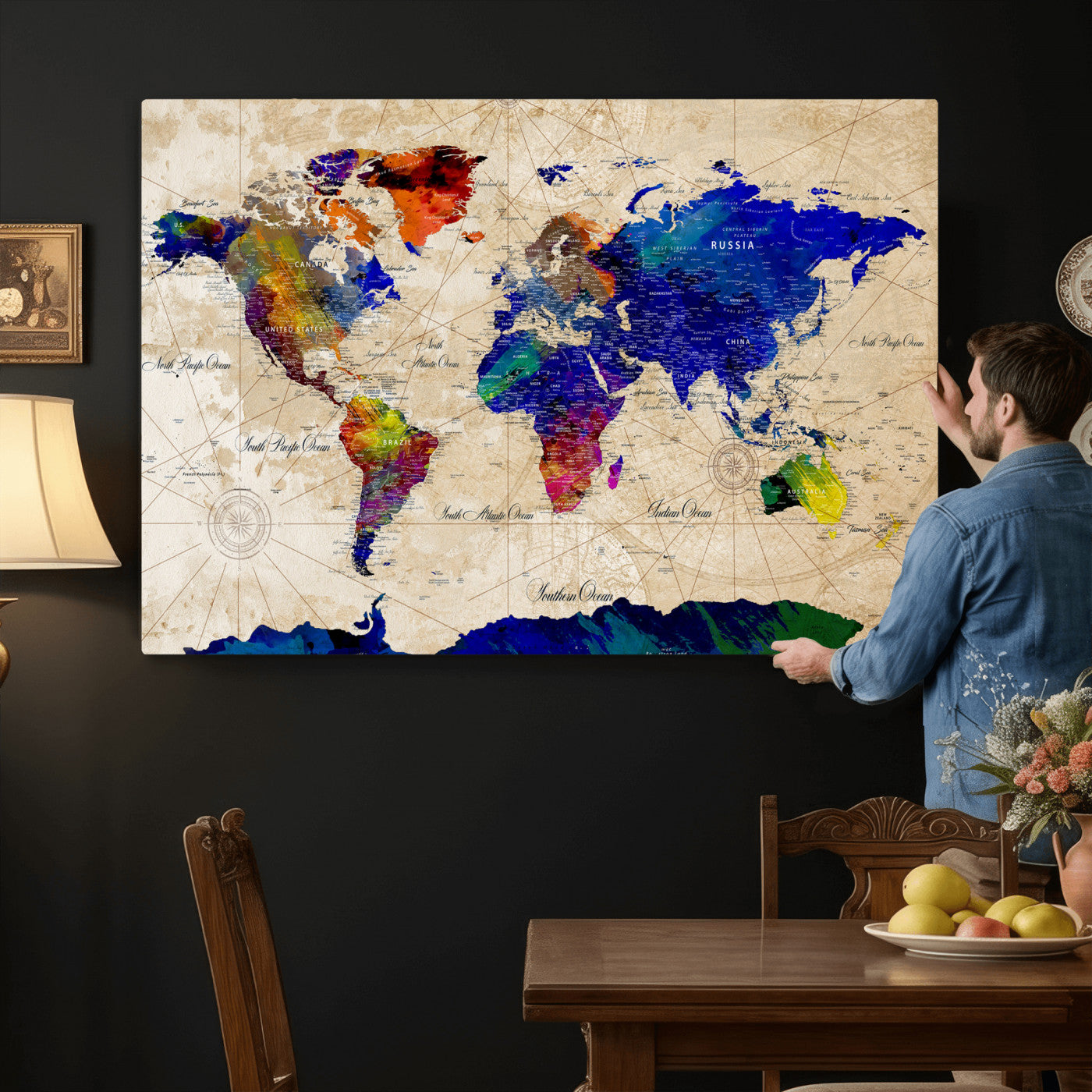 26284075-MGV-CV-36X24 - World Map Wall Art Canvas Print, Modern Decorative Framed Map Artwork Prints for Living Room, Office, Bedroom Wall Decor