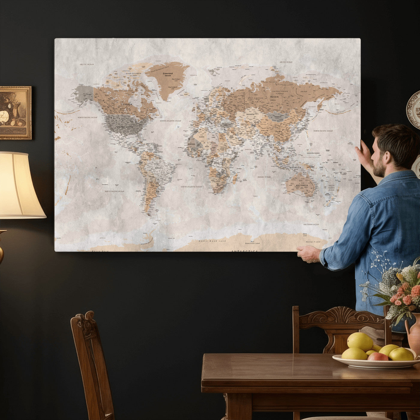 34051638-MGV-CV-36X24 - World Map Wall Art Canvas Print, Modern Decorative Framed Map Artwork Prints for Living Room, Office, Bedroom Wall Decor