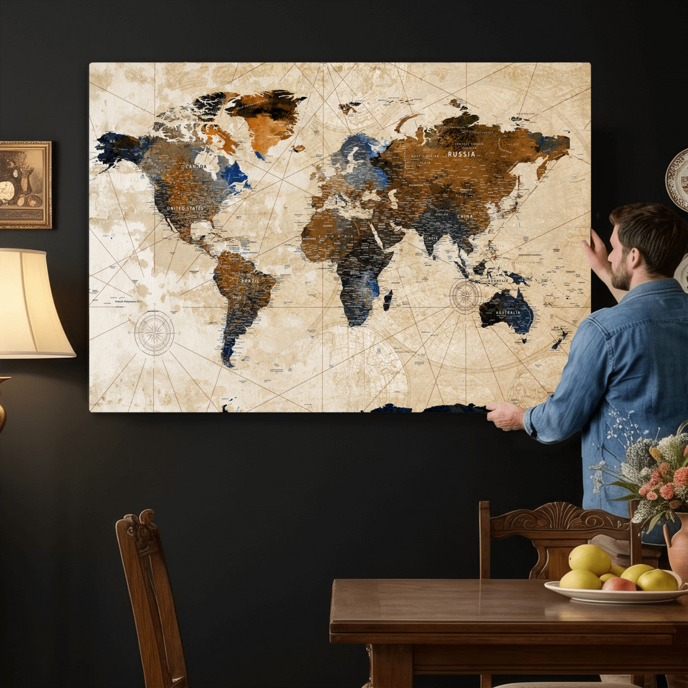 15727090-MGV-CV-36X24 - World Map Wall Art Canvas Print, Modern Decorative Framed Map Artwork Prints for Living Room, Office, Bedroom Wall Decor