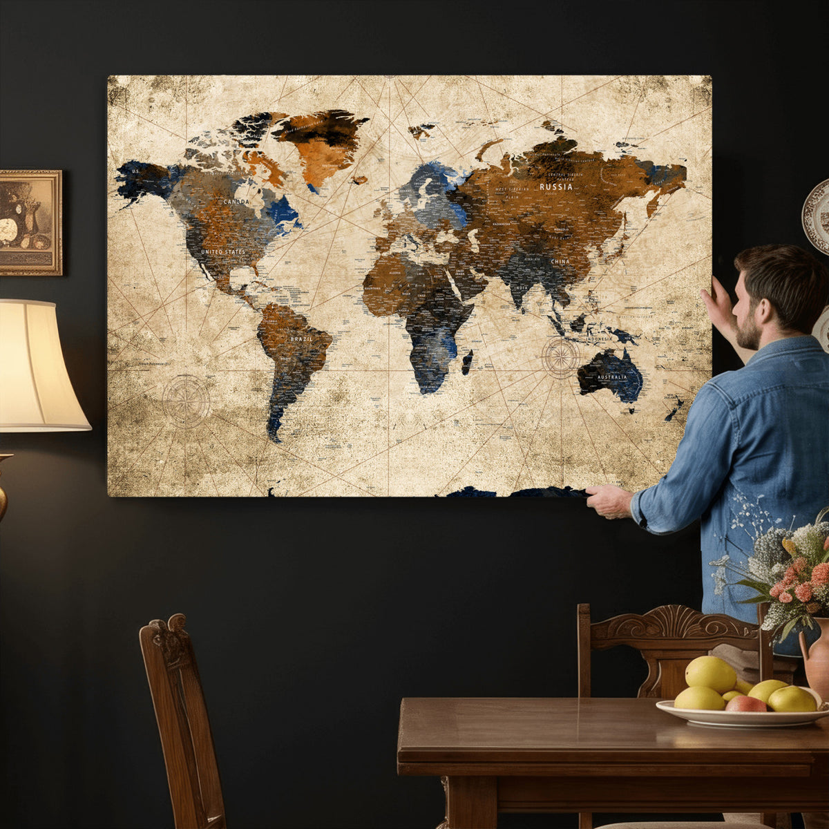 27163414-MGV-CV-36X24 - World Map Wall Art – Rustic Earth Tone Canvas Print, Antique