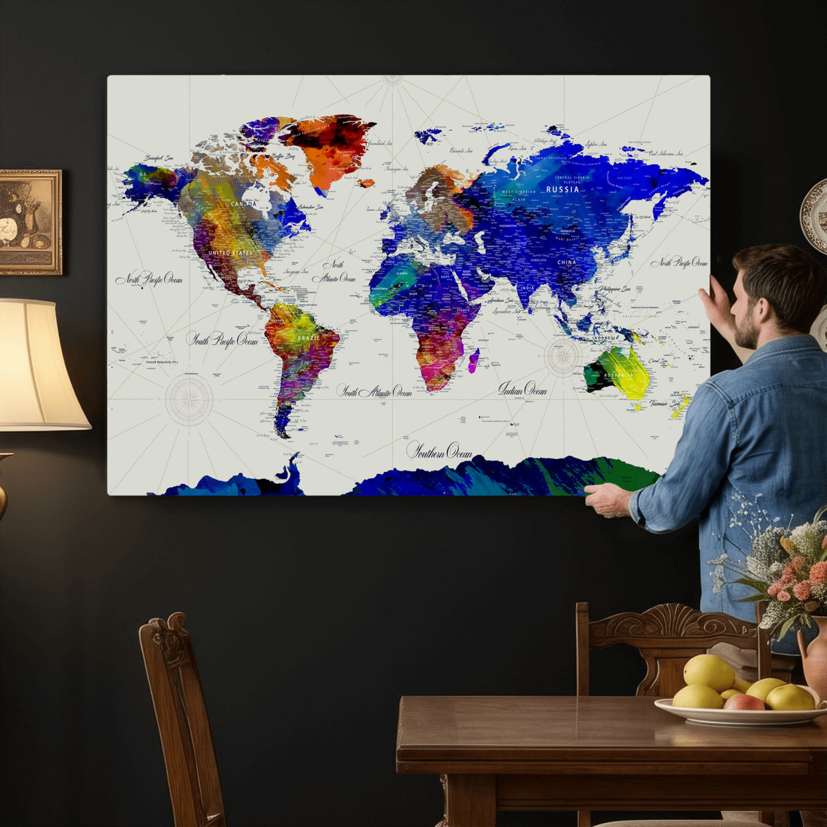 49670038-MGV-CV-36X24 - World Map Wall Art Canvas Print, Modern Decorative Framed Map Artwork