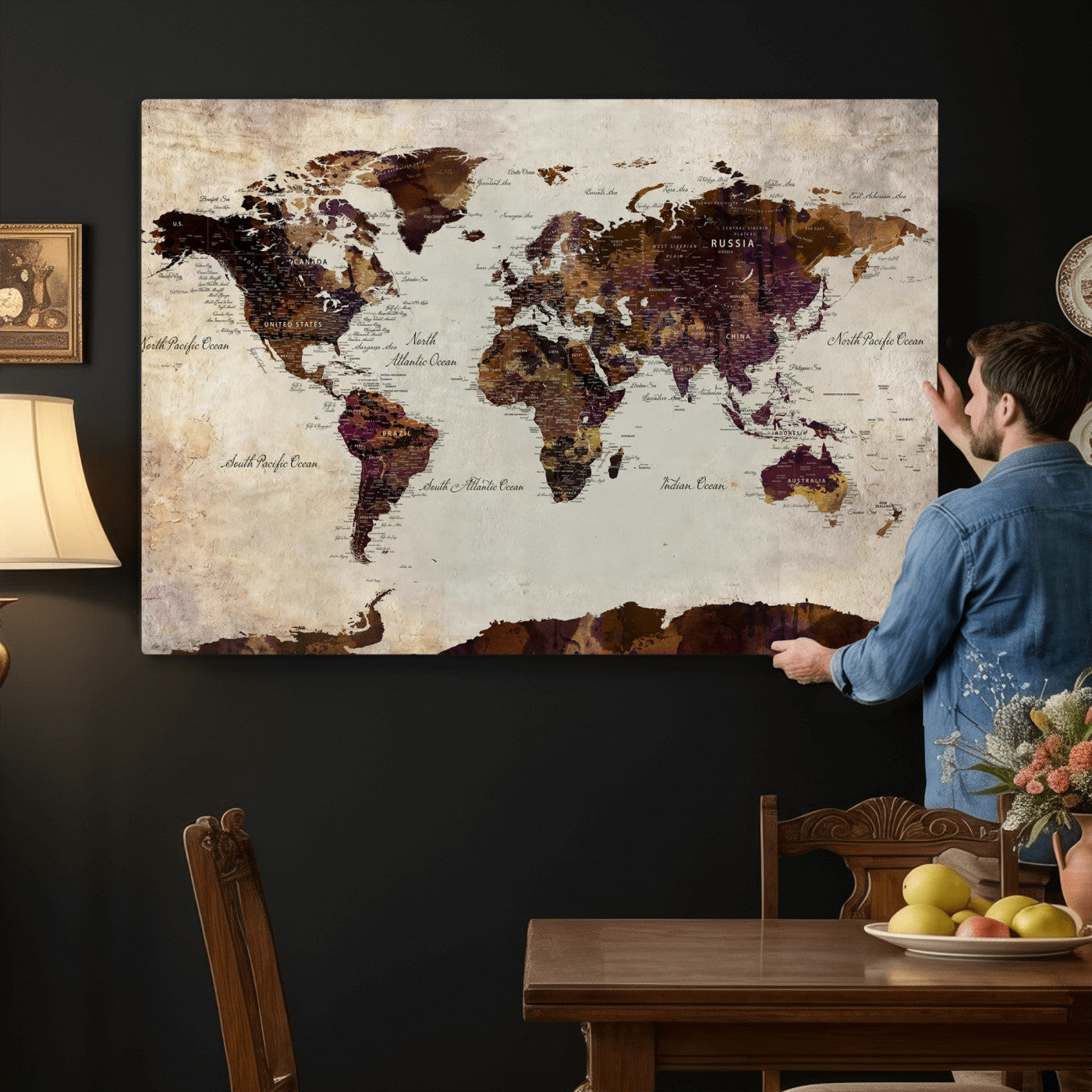 50611123-MGV-CV-36X24 - World Map Canvas Triptych – Colorful Global Wall Art for Living Rooms, Offices, and Study Spaces
