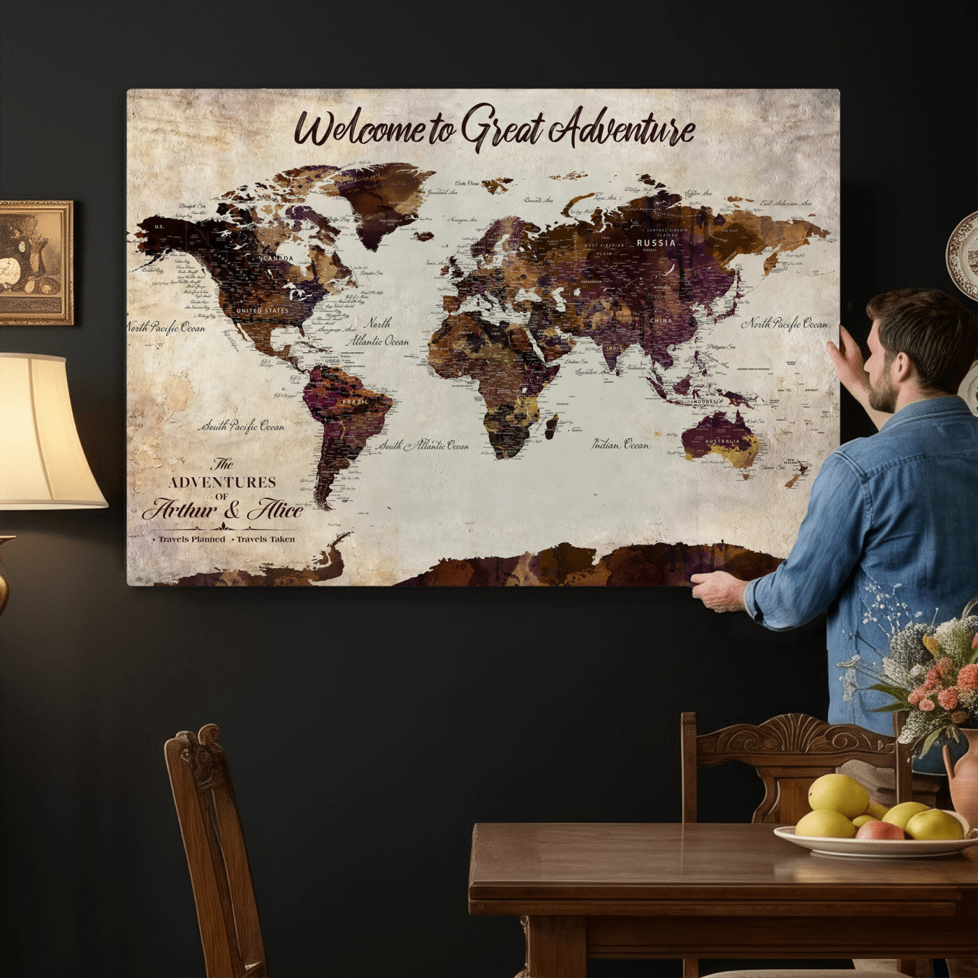 64110391126-MGV-CV-36X24-Custom Push Pin World Map Wall Art Canvas Print – Personalized Travel Tracker with Pins Framed Large for Home and Office Decor