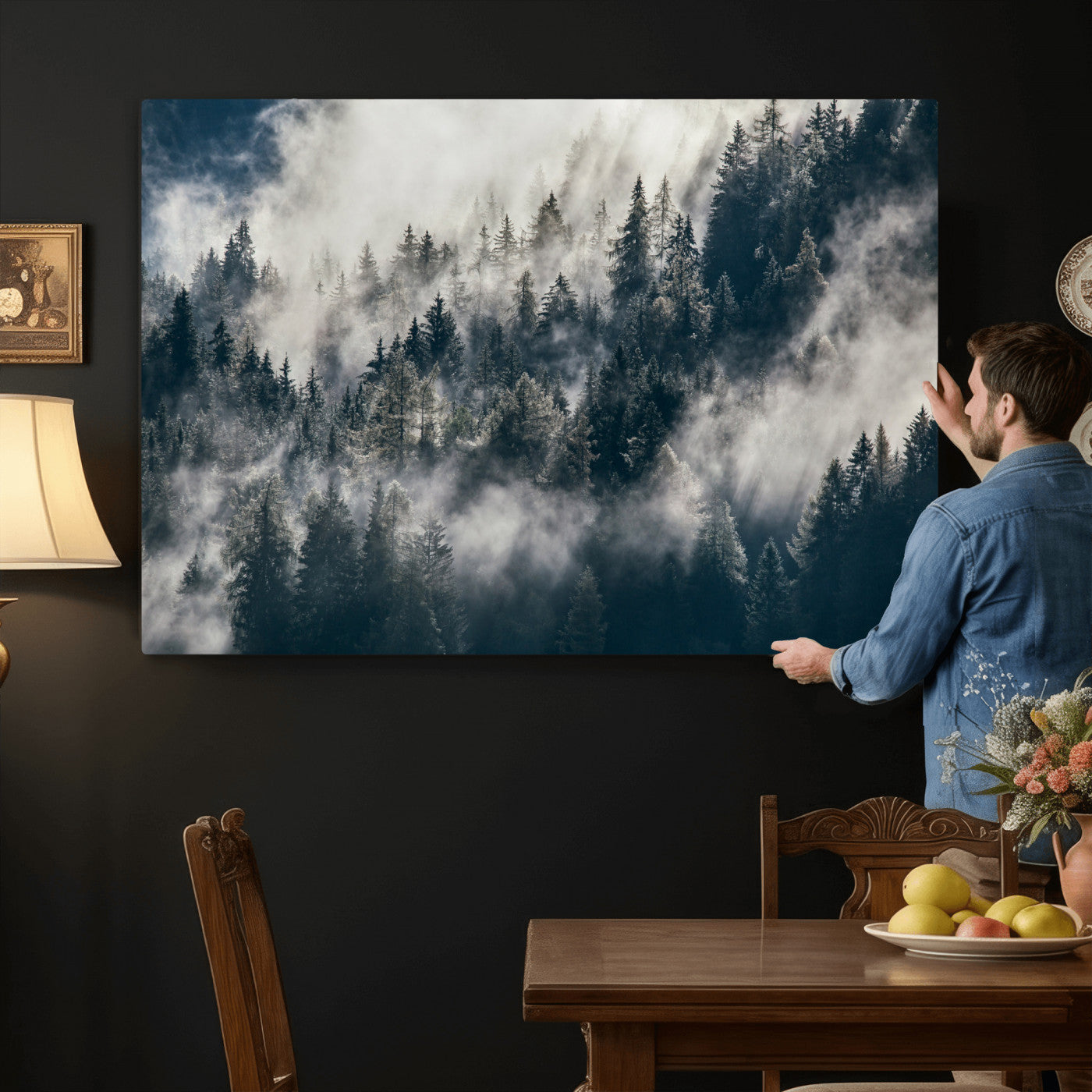 63405824-MGV-CV-36X24 - Foggy Mountain Forest Canvas Print, Misty Pine Trees Nature Wall Art, Framed Canvas Ready to Hang