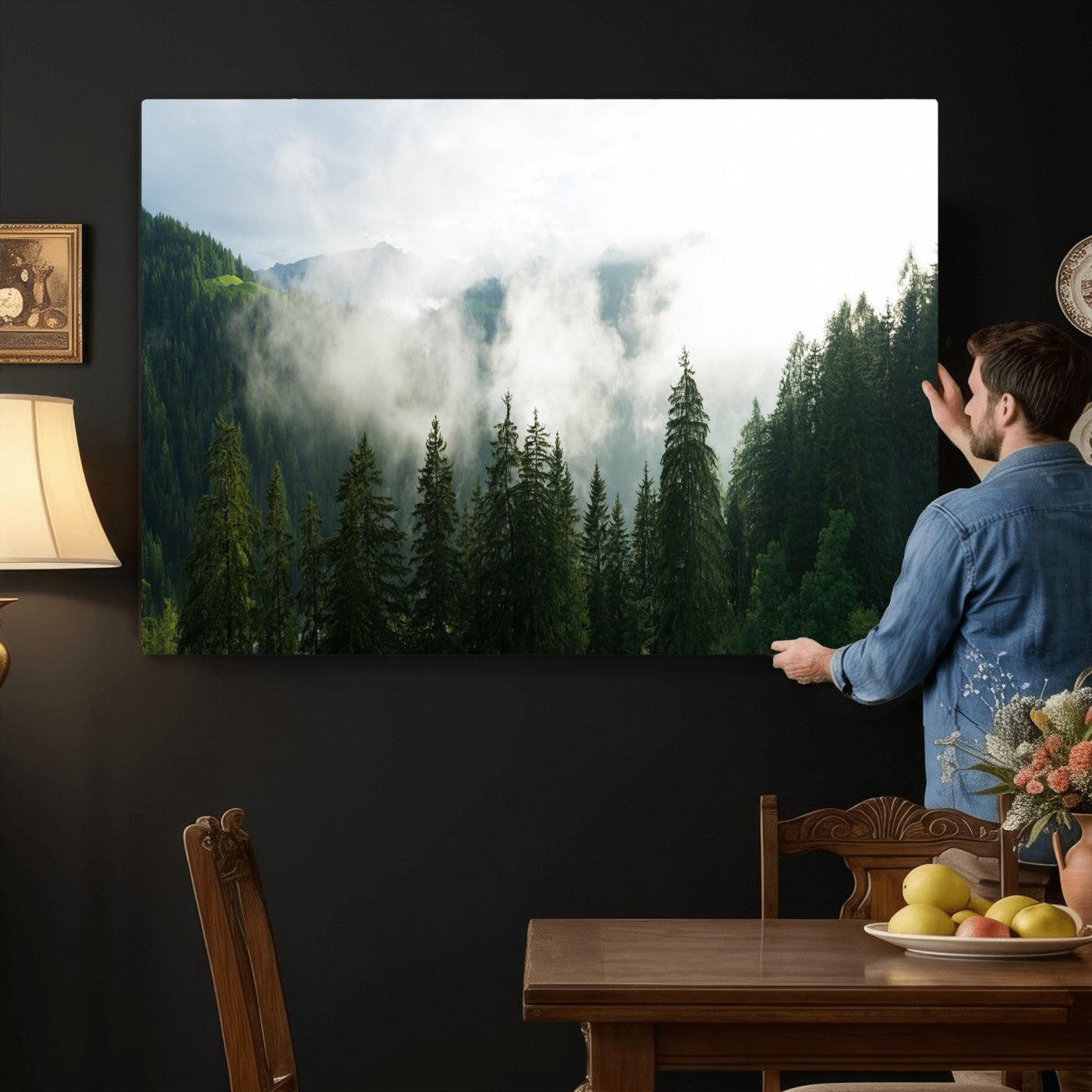 67174129-MGV-CV-36X24 - Misty Mountain Forest Canvas Print, Foggy Pine Trees Nature Wall Art, Framed Canvas Ready to Hang