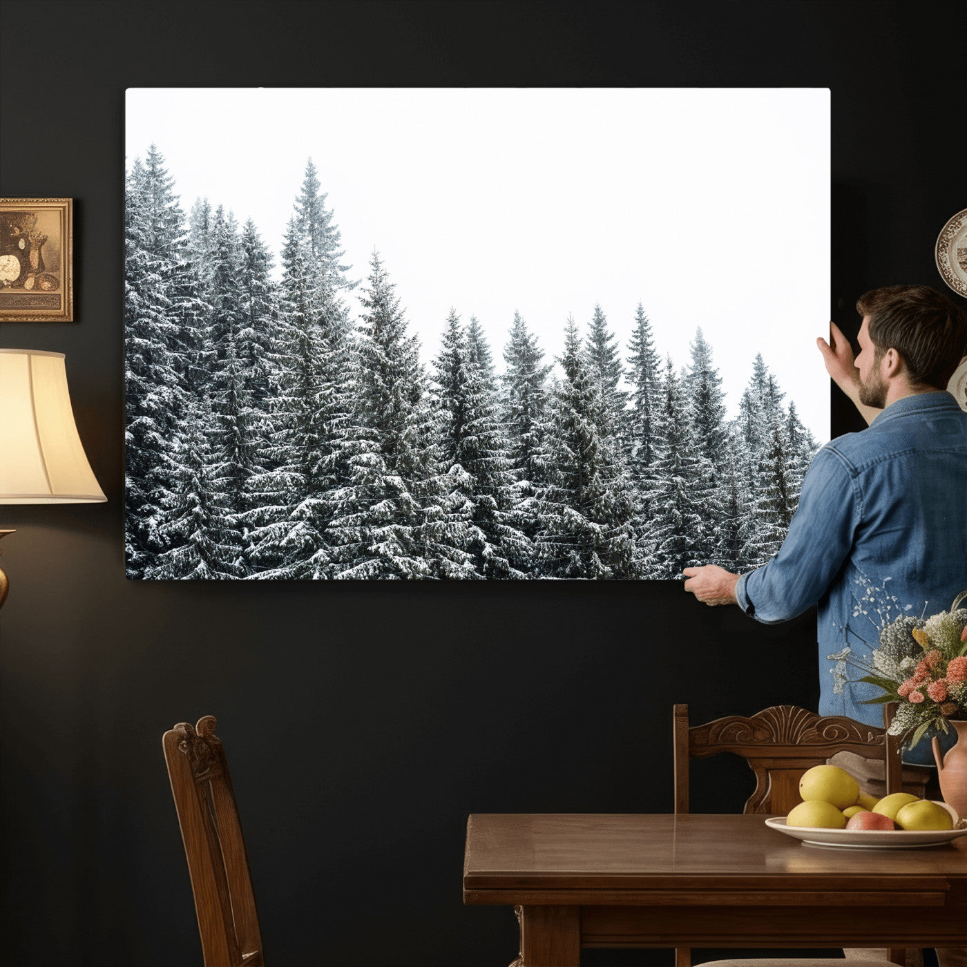 69566941-MGV-CV-36X24 - Misty Mountain Forest Canvas Print, Foggy Pine Trees Nature Wall Art, Framed Canvas Ready to Hang