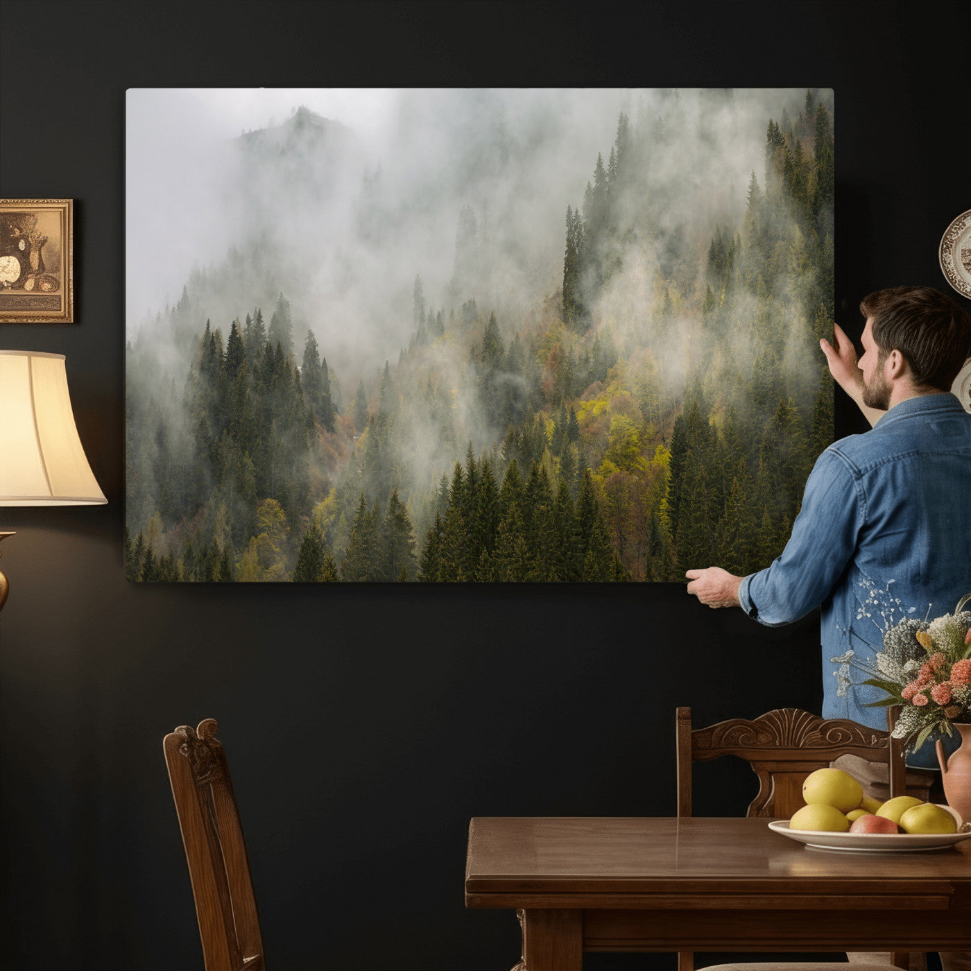 31152954-MGV-CV-36X24 - Misty Mountain Forest Canvas Print, Foggy Pine Trees Nature Wall Art, Framed Canvas Ready to Hang