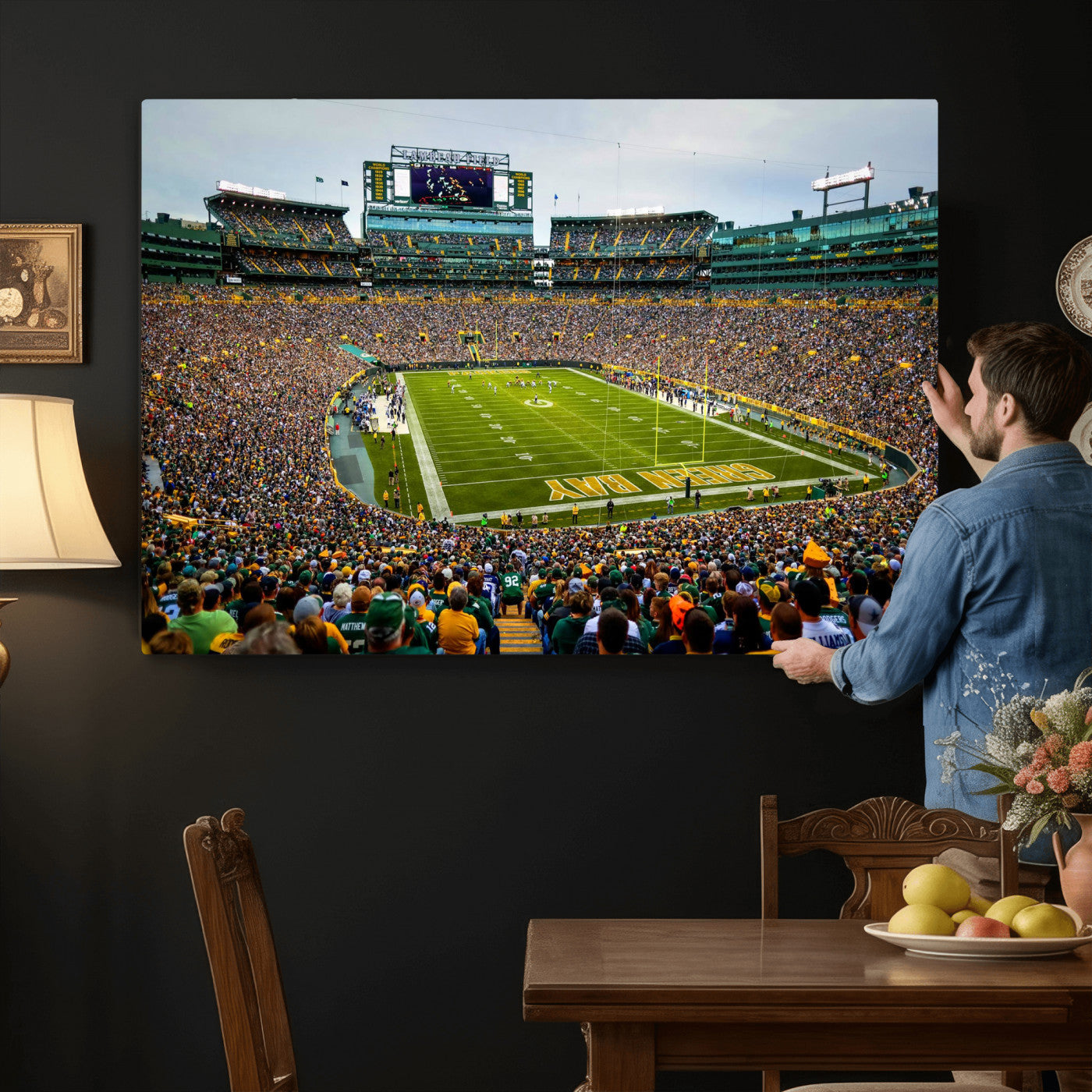 56521752-MGV-CV-36X24 - Green Bay Packers Stadium Wall Art Canvas Print, Lambeau Field Football Stadium Artwork, Framed Wall Art Ready to Hang