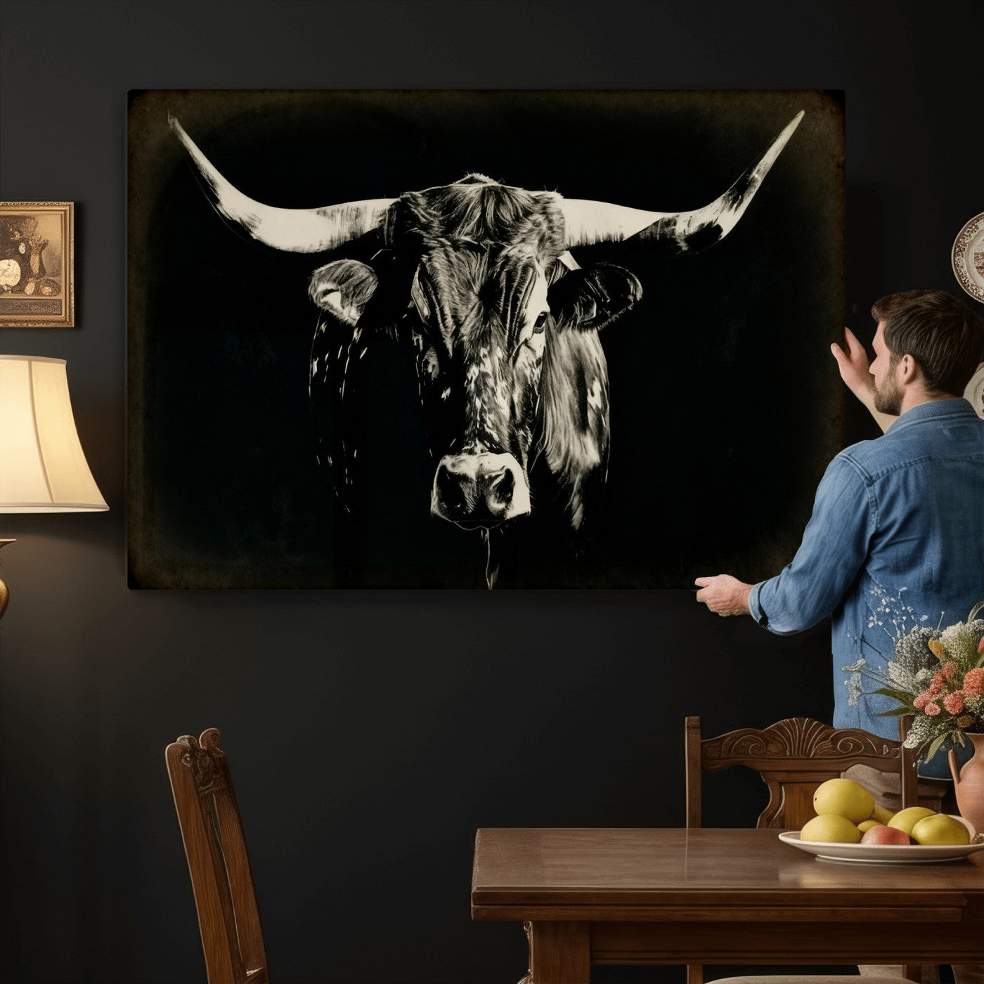 91364114-MGV-CV-36X24 - Black Bull Wall Art Canvas Print, Texas Longhorn Portrait Print, Framed Wall Art Ready to Hang