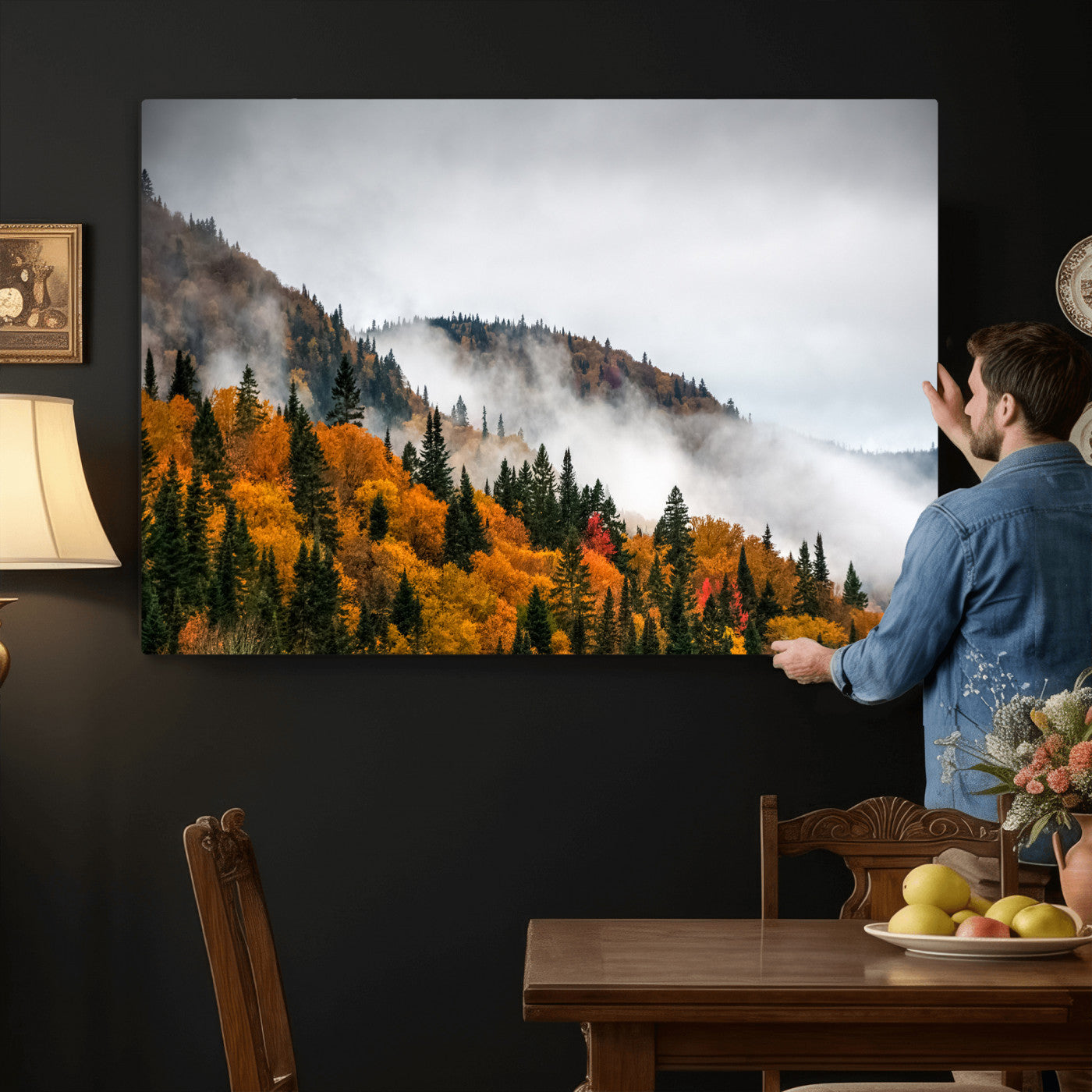 93581632-MGV-CV-36X24 - Autumn Forest Wall Art Canvas Print, Foggy Mountain Landscape Nature Photography, Framed Wall Art Ready to Hang