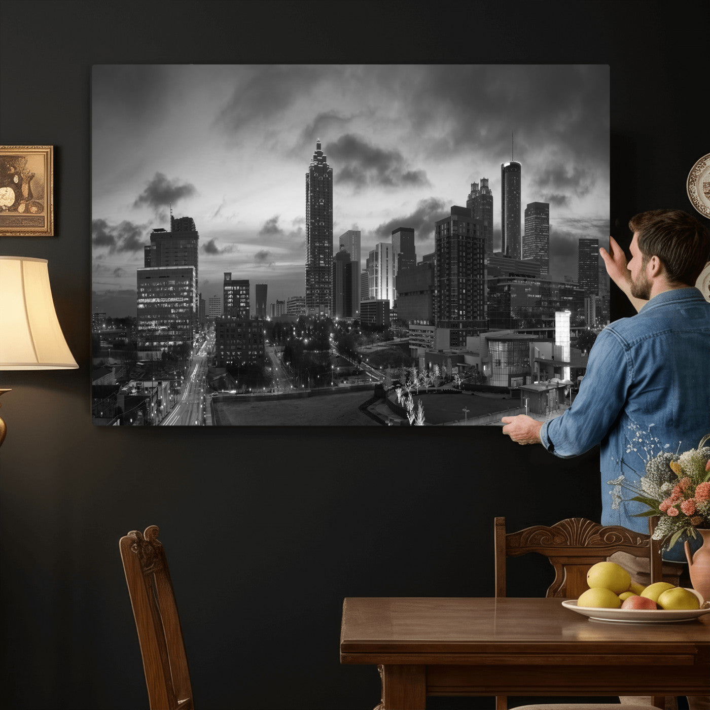 91959506-MGV-CV-36X24 - Atlanta Skyline Wall Art Canvas Print, Atlanta Downtown Night Cityscape Print for Modern Urban Wall Decor