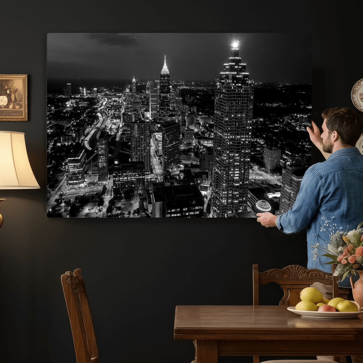 56773510-MGV-CV-36X24 - Atlanta Skyline Wall Art Canvas Print, Atlanta Downtown Night Cityscape Print for Modern Urban Wall Decor