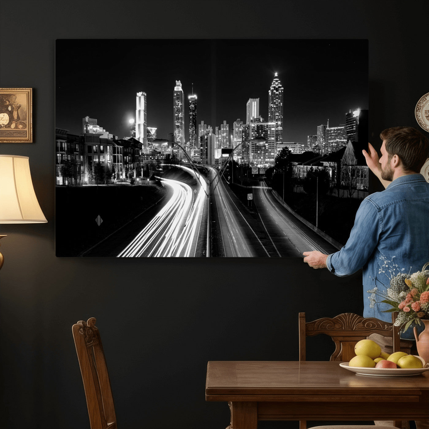 80330064-MGV-CV-36X24 - Atlanta Skyline Wall Art Canvas Print, Atlanta Downtown Night Cityscape Print for Modern Urban Wall Decor