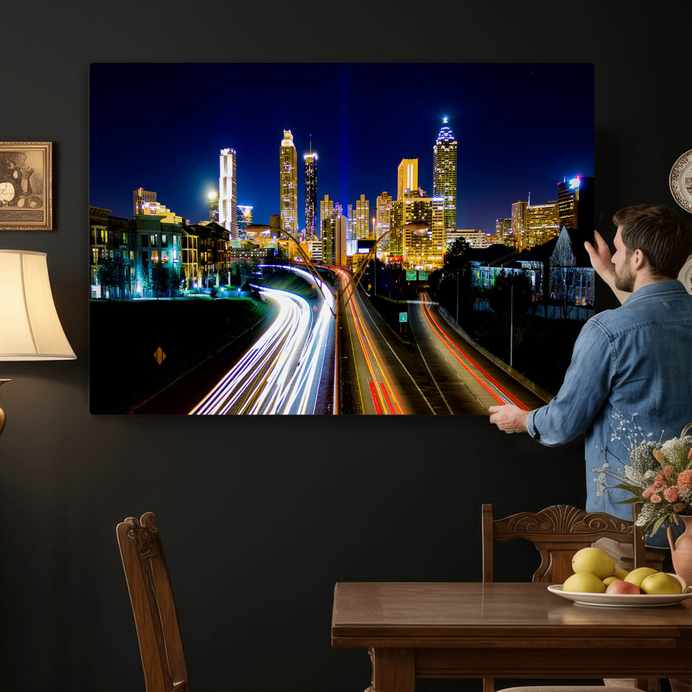 12967464-MGV-CV-36X24 - Atlanta Skyline Wall Art Canvas Print, Atlanta Downtown Night Cityscape Print for Modern Urban Wall Decor