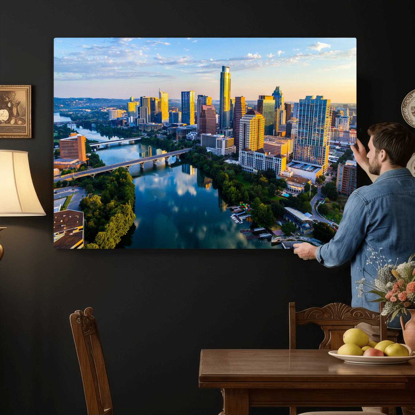 33675326-MGV-CV-36X24 - Austin Skyline Wall Art Canvas Print, Austin Downtown Night Cityscape Print for Modern Urban Wall Decor