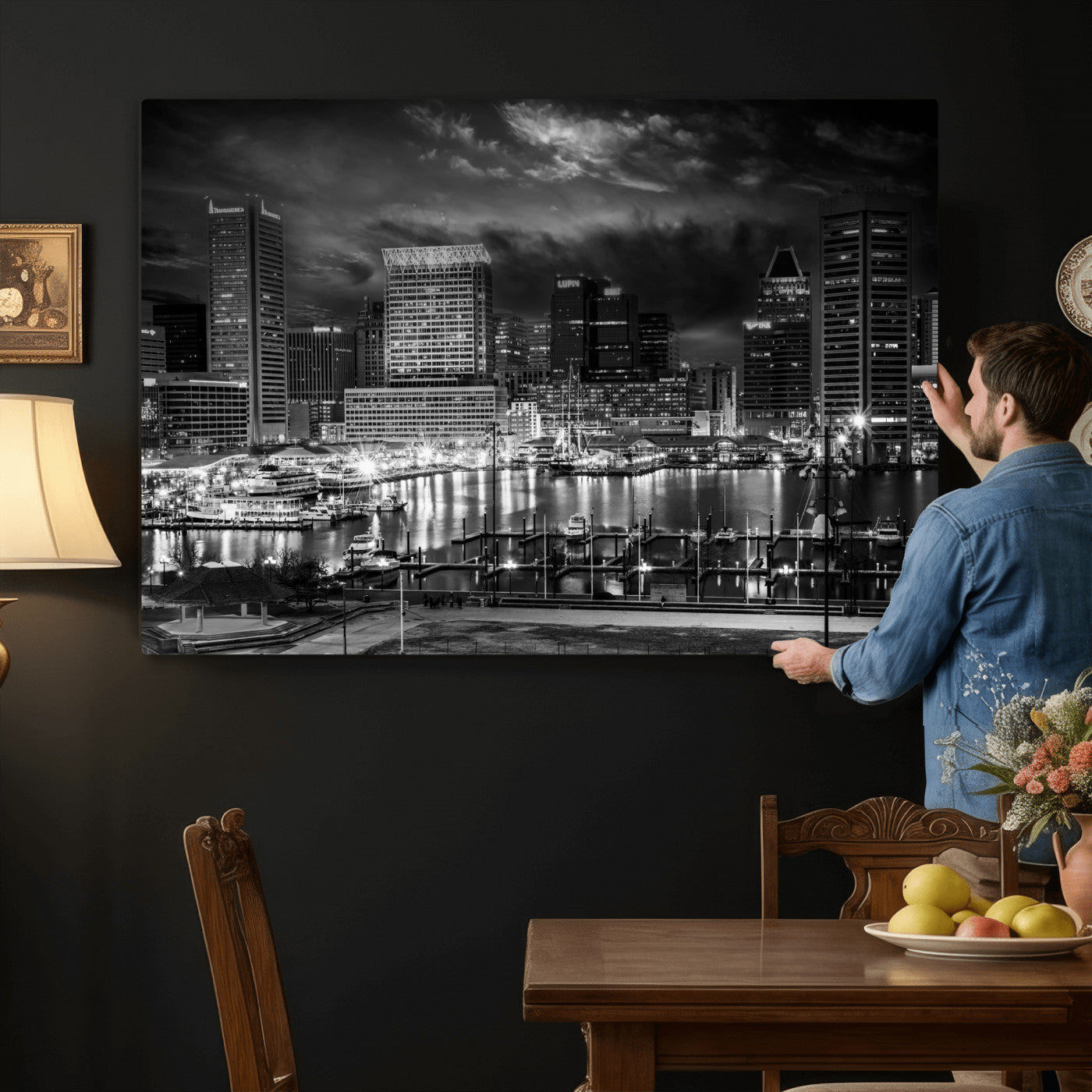 79755655-MGV-CV-36X24 - Baltimore Skyline Wall Art Canvas Print, Baltimore Downtown Night Cityscape Print for Modern Urban Wall Decor
