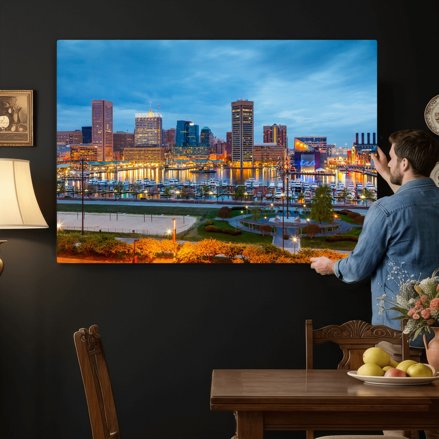 78635089-MGV-CV-36X24 - Baltimore Skyline Wall Art Canvas Print, Baltimore Downtown Night Cityscape Print for Modern Urban Wall Decor