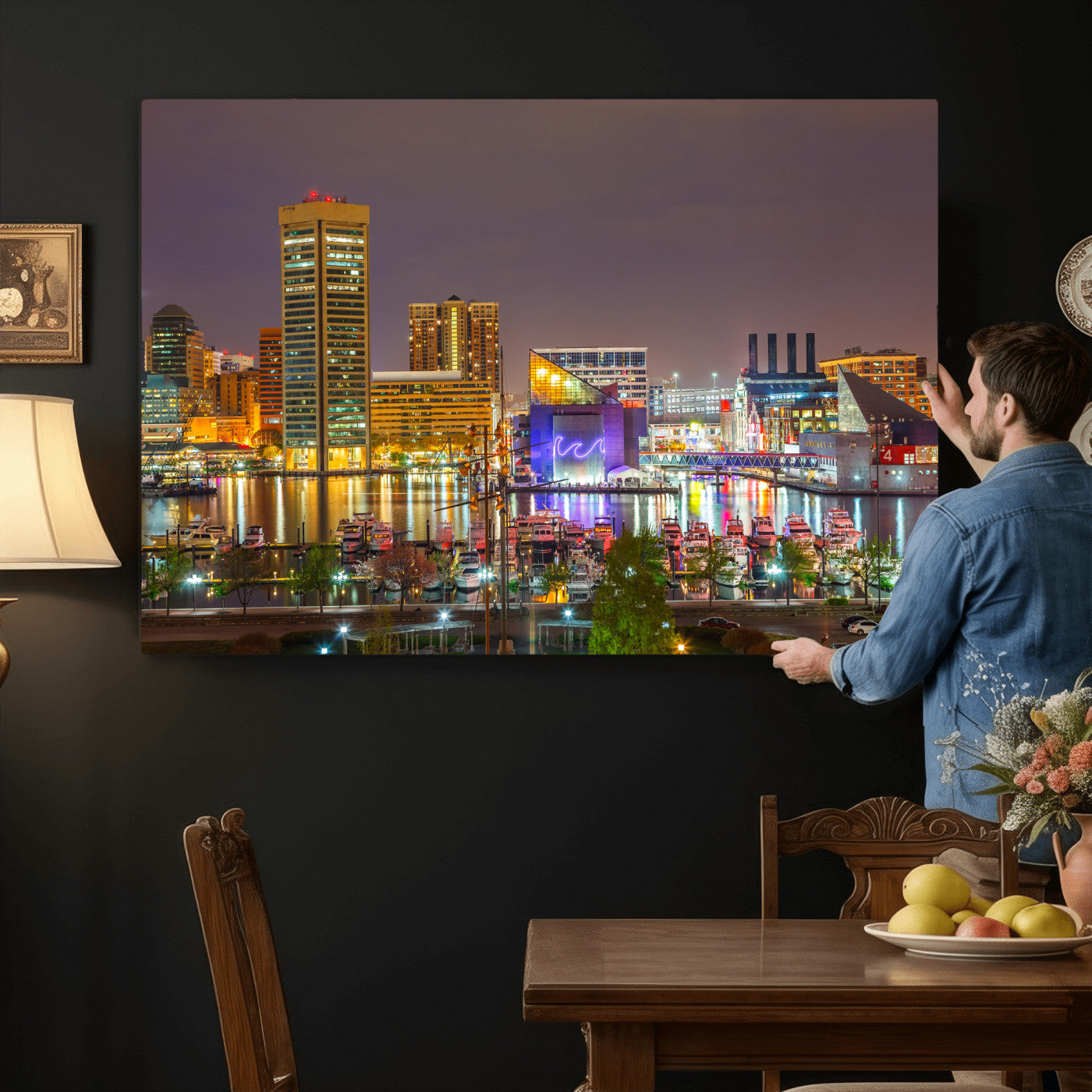 42654823-MGV-CV-36X24 - Baltimore Skyline Wall Art Canvas Print, Baltimore Downtown Night Cityscape Print for Modern Urban Wall Decor