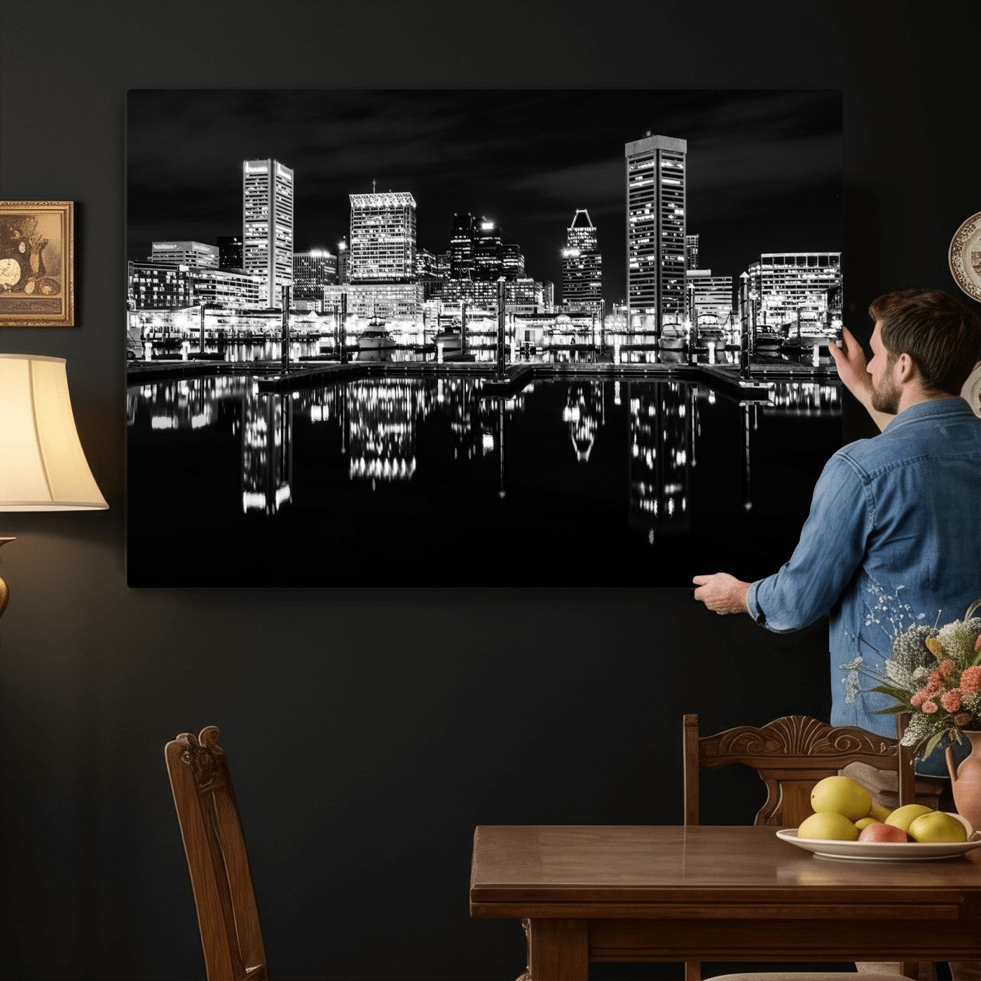 69187681-MGV-CV-36X24 - Baltimore Skyline Wall Art Canvas Print, Baltimore Downtown Night Cityscape Print for Modern Urban Wall Decor