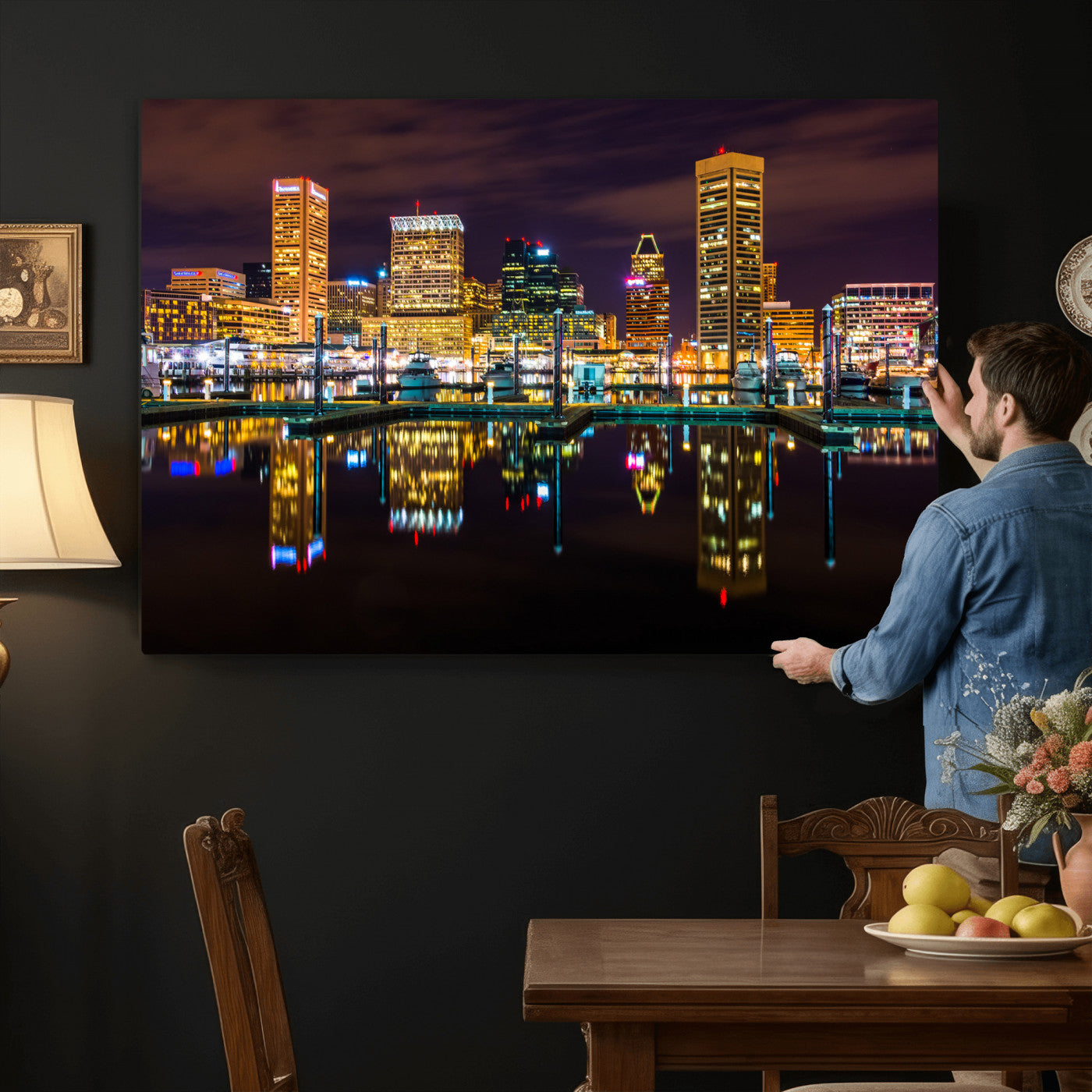 38201692-MGV-CV-36X24 - Baltimore Skyline Wall Art Canvas Print, Baltimore Downtown Night Cityscape Print for Modern Urban Wall Decor