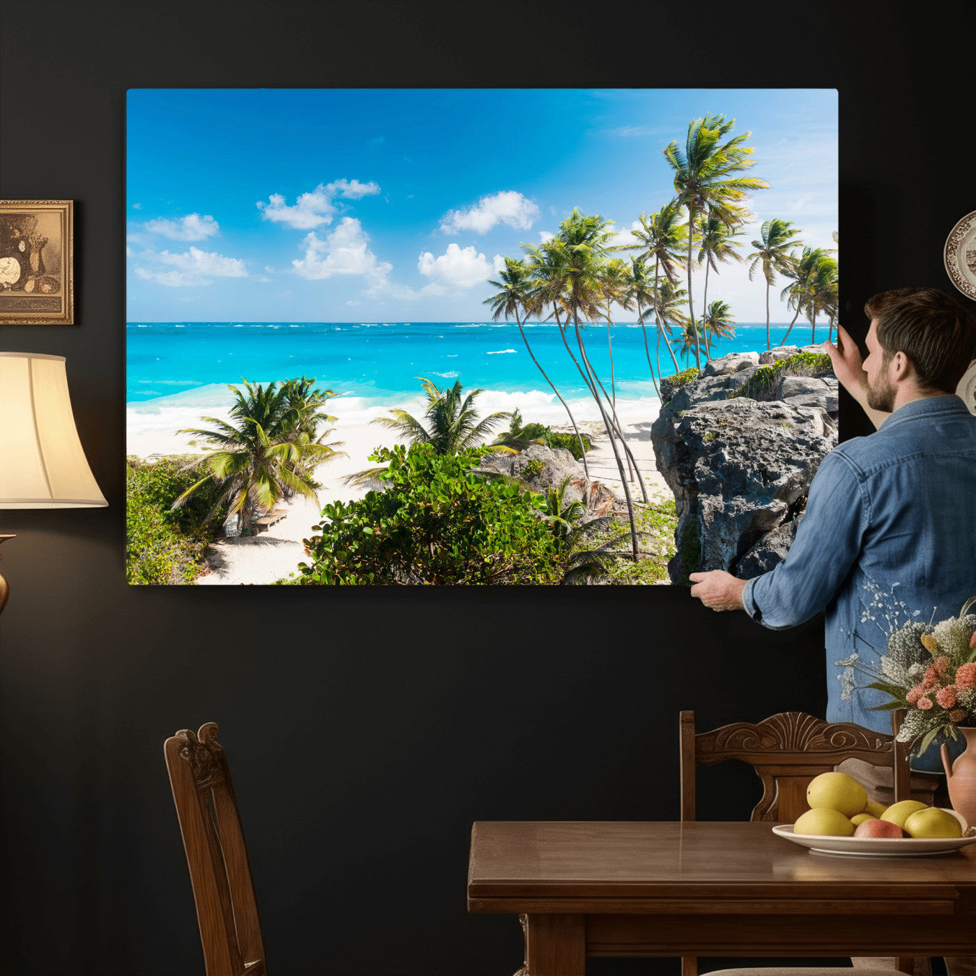 79995168-MGV-CV-36X24 - Barbados Beach Wall Art Canvas Print, Palm Tree Ocean Landscape, Turquoise Sea Coastal Photography, Tropical Island Wall Decor, Framed Ready to Hang