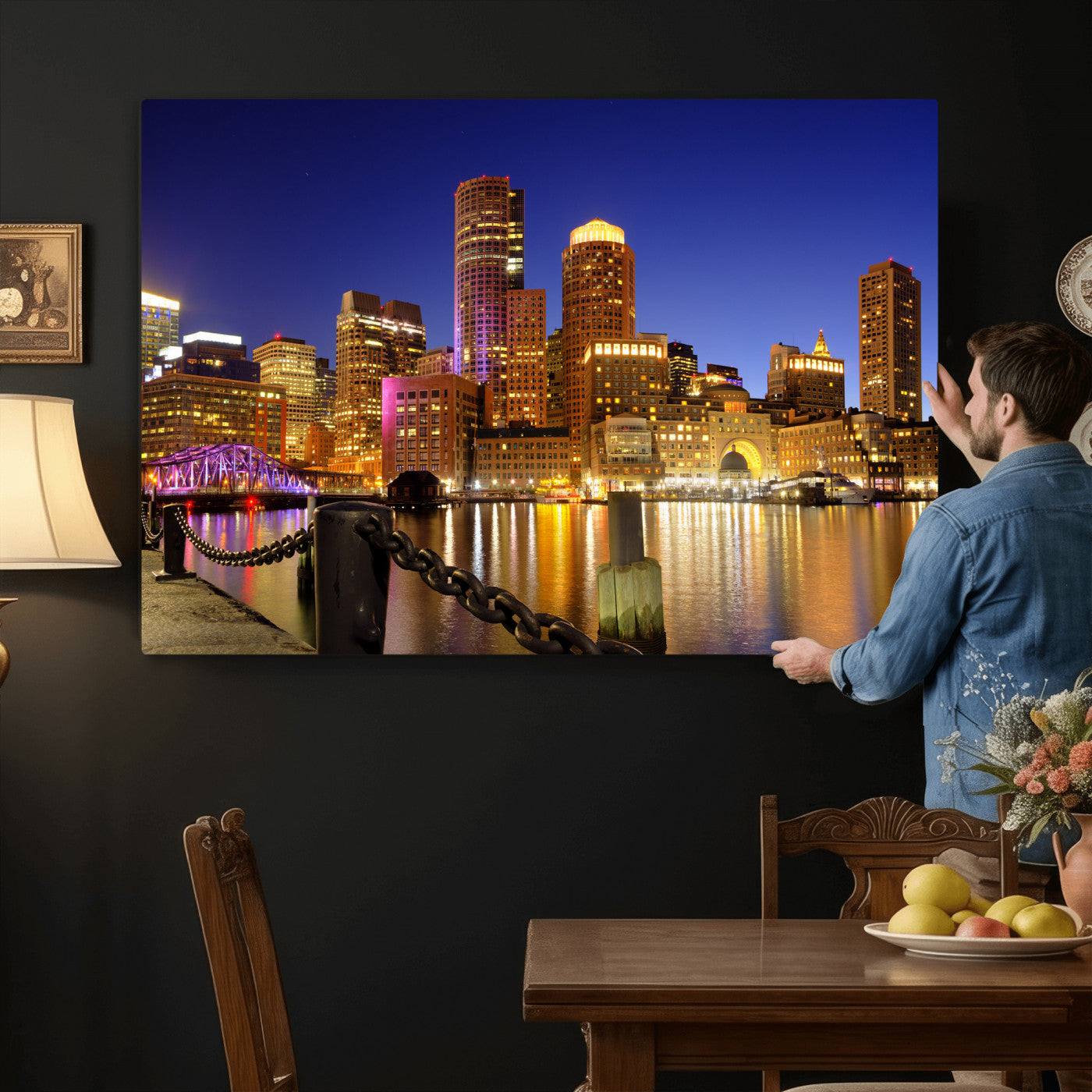 56611117-MGV-CV-36X24 - Boston Wall Art Canvas Print, Boston City Downtown Night Cityscape Print for Modern Urban Wall Decor