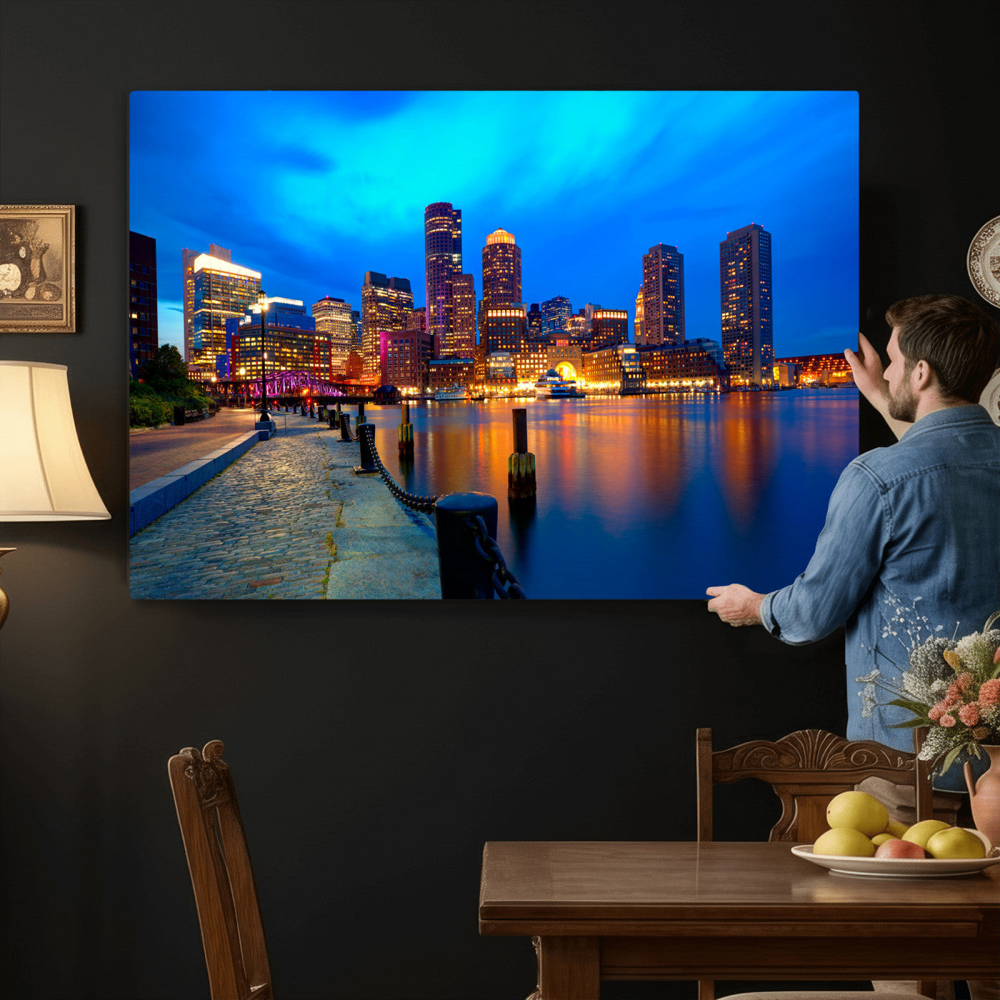 69619565-MGV-CV-36X24 - Boston Wall Art Canvas Print, Boston City Downtown Night Cityscape Print for Modern Urban Wall Decor