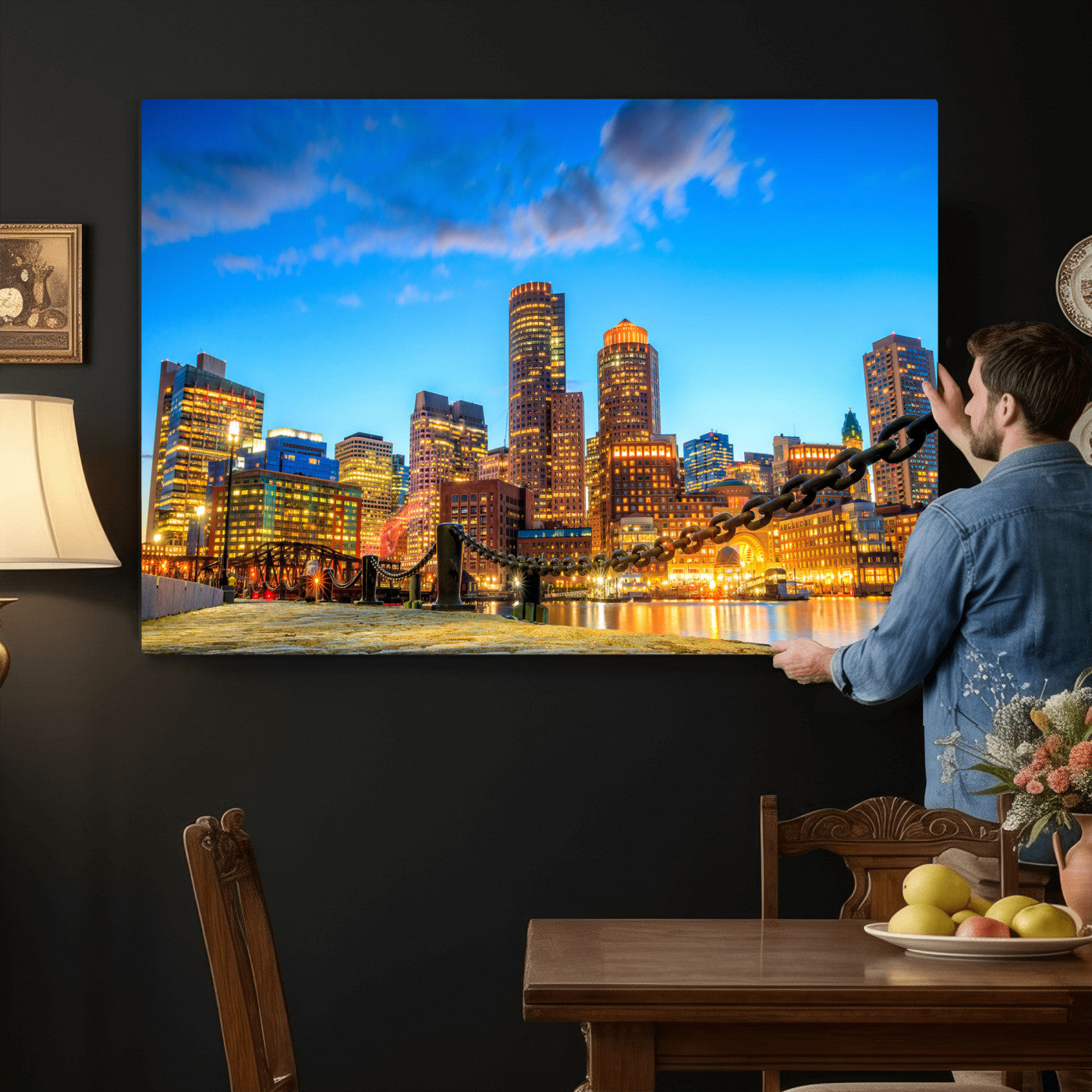 46736409-MGV-CV-36X24 - Boston Wall Art Canvas Print, Boston City Downtown Night Cityscape Print for Modern Urban Wall Decor