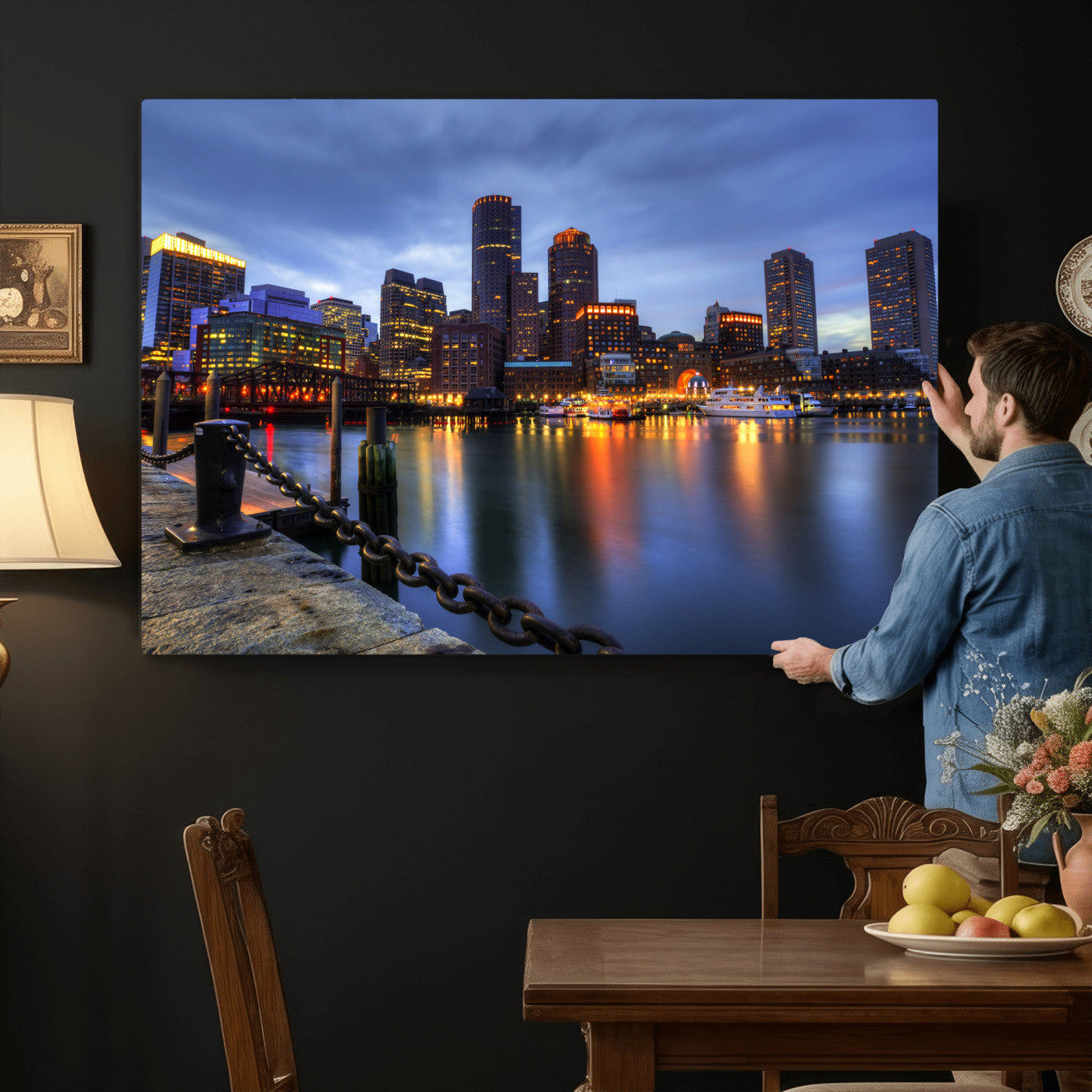 82439622-MGV-CV-36X24 - Boston Wall Art Canvas Print, Boston City Downtown Night Cityscape Print for Modern Urban Wall Decor