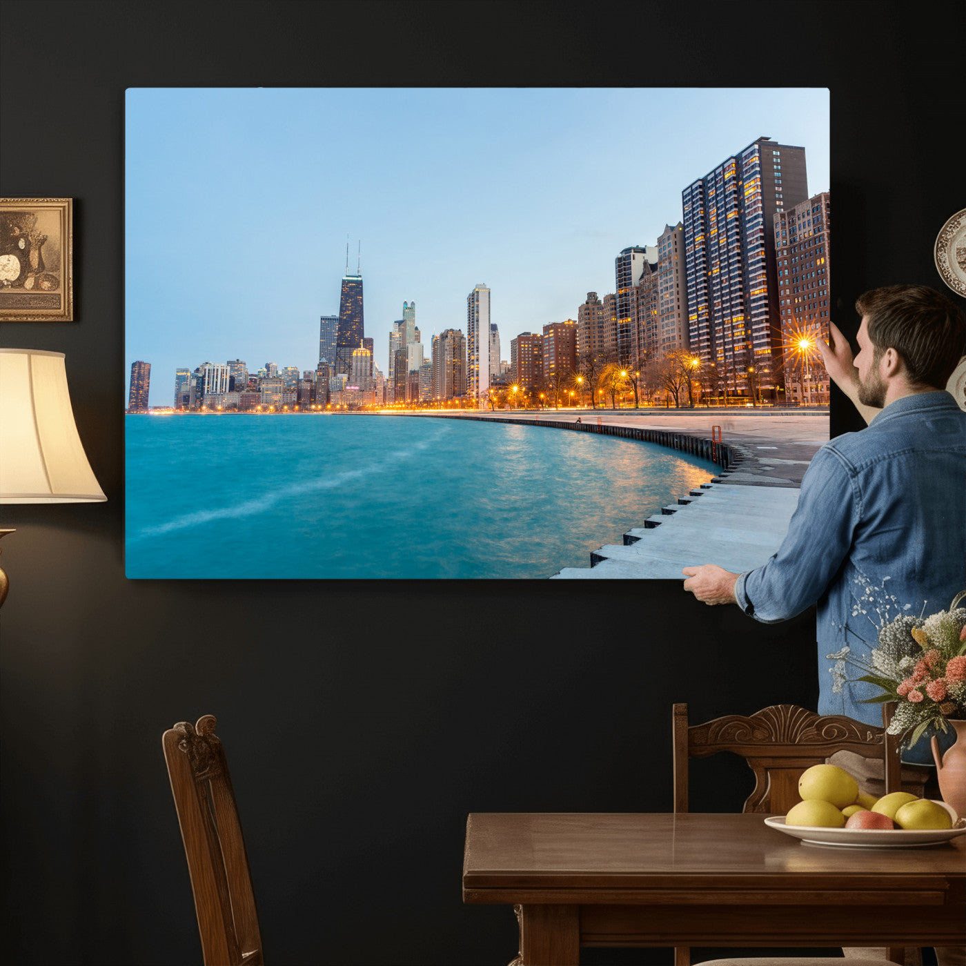 66780141-MGV-CV-36X24 - Chicago Wall Art Canvas Print, Chicago City Downtown Night Cityscape Print for Modern Urban Wall Decor