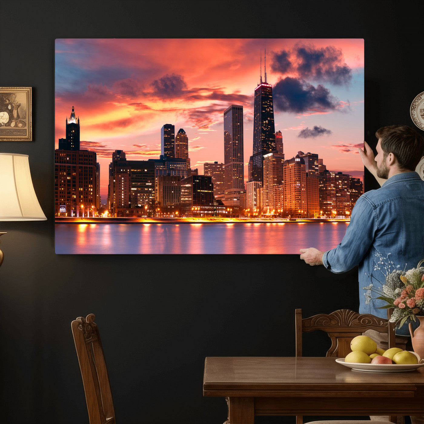 80390109-MGV-CV-36X24 - Chicago Wall Art Canvas Print, Chicago City Downtown Night Cityscape Print for Modern Urban Wall Decor