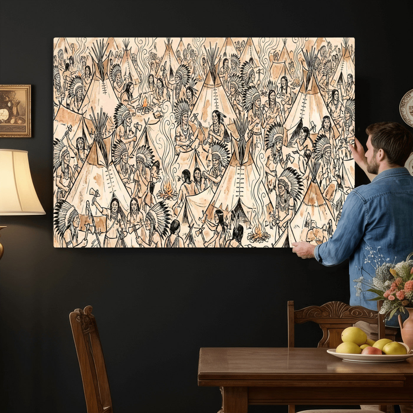 72739176-MGV-CV-36X24 - Farmhouse Animals Wall Art Canvas Print - Abstract Farm Animal Drawing Mid-Century Wall Art for Cabin Decor