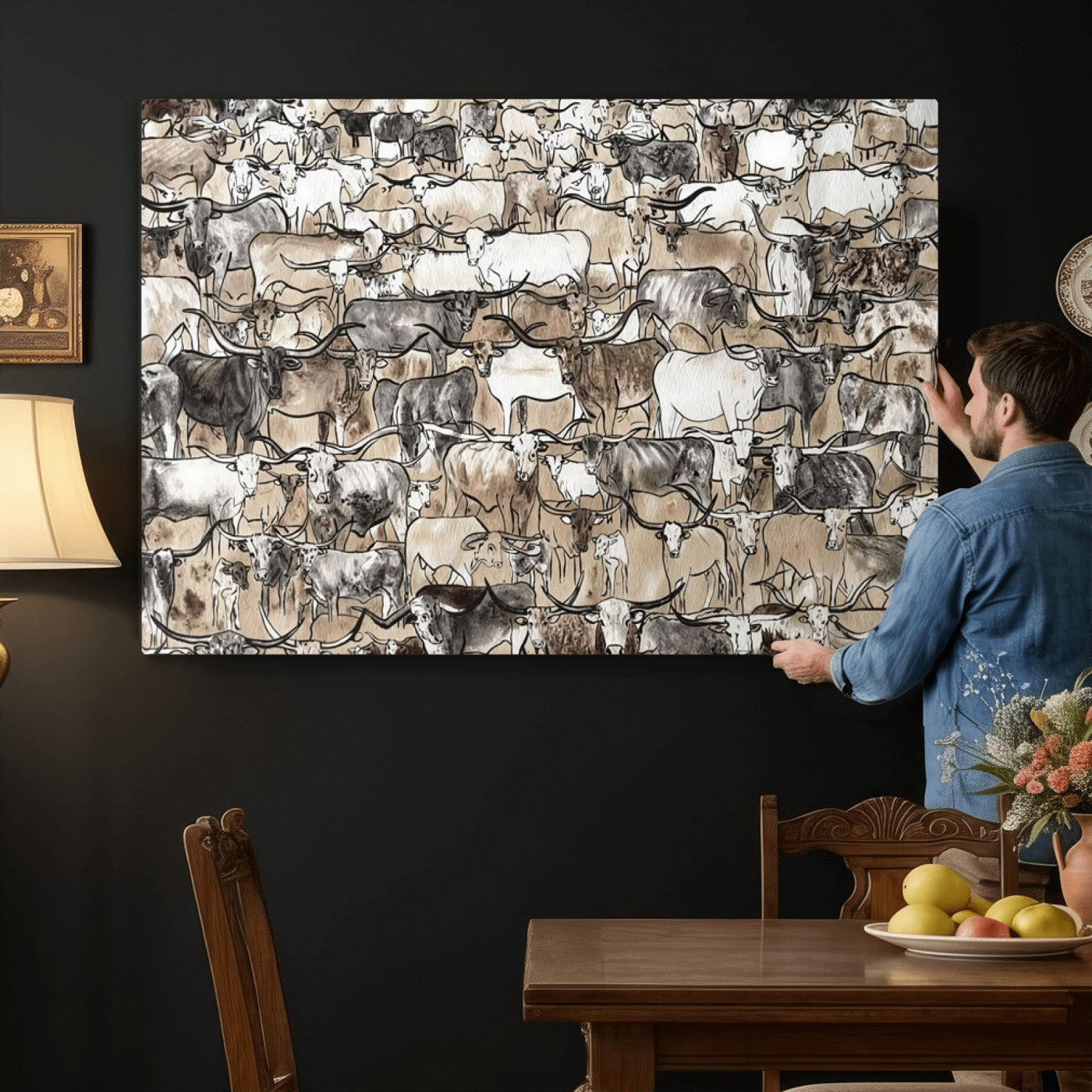 64368752-MGV-CV-36X24 - Farmhouse Animals Wall Art Canvas Print - Abstract Farm Animal Drawing Mid-Century Wall Art for Cabin Decor