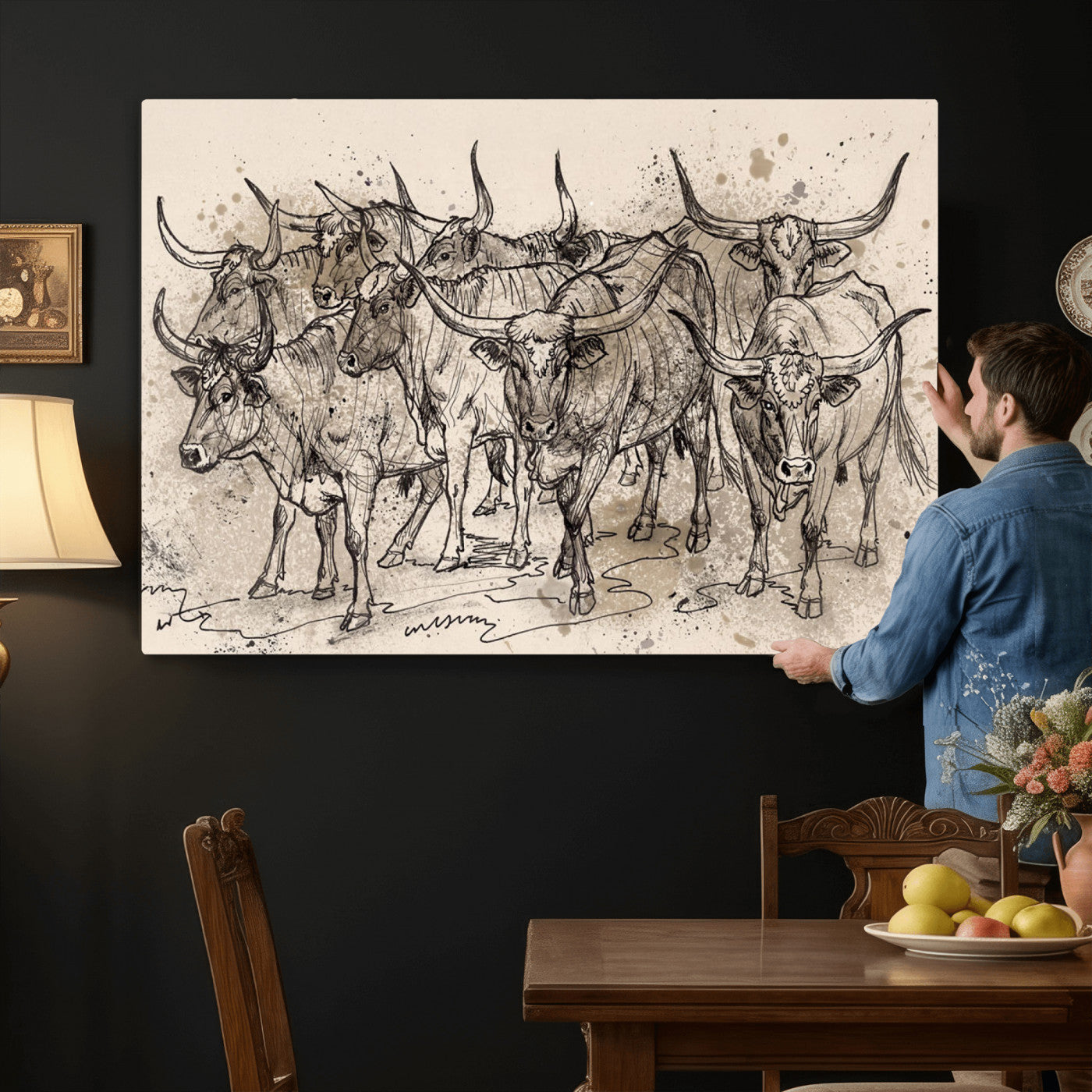 74232558-MGV-CV-36X24 - Farmhouse Animals Wall Art Canvas Print - Abstract Farm Animal Drawing Mid-Century Wall Art for Cabin Decor